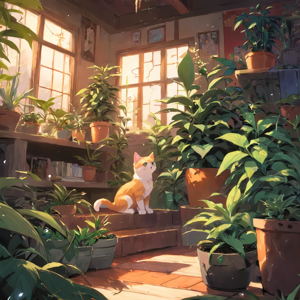 A kitten is in the lower left corner ,Huge plants, ((cheerfulness)) ((tmasterpiece)) ,Ultra HD and Super Resolution,((Succulents)),potted