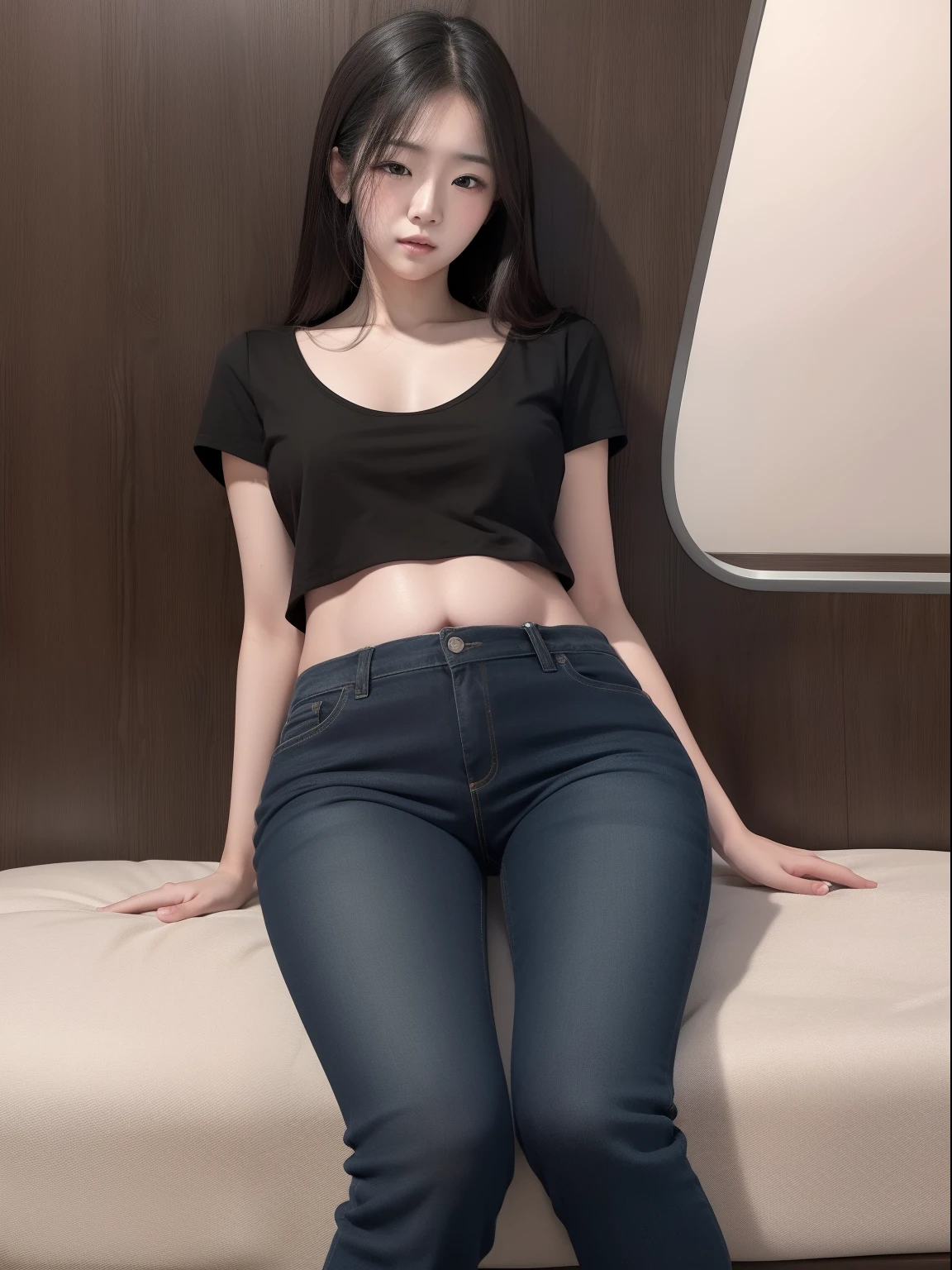 (photorealistic),(masterpiece),(ultra-detailed),a close view of Pretty and very sexy one korean girl  with her legs tightly crossed wearing very tight and very sexy black jeans and bra and aged about 20's standing up barely enduring with a very full bladder with more than 10L in it but at her limit and about to explode, bladder and abdomen expanded like a sphere as big as her, lower abdomen and bladder about to pop, ,intensively holding pee,bladder so full that lower abdomen looking like 20 months pregnant with 20 kids, legs tighly fully crossed, legs double-crossed, both hands clamped tightly between the thighs, wet skin, sweating very much, body looking left, no belly fat, both hands on the crotch, generate full body, legs tightly double fully crossed,lower abdomen expanded like fully pregnant but smooth-rounded, fully crossed legs, feeling pain, wearing sneakers, cheeks blushed red, feeling high,wearing very tight black jeans covering entire legs,girl's legs tightly fully crossed doubly,girl's legs fully crossed tightly,very  nervous,legs crossed over tightly, feeling pain,one leg on the other leg,hands jammed to the crotch, leg crossed tightly,feeling pain but enduring,using all her strength to hold pee,doing anything to hold pee,eyes slightly closed,slightly afraid,barely holding pee from bursting out,image of girl's zoomed bladder on the corner,(close view of crotch in front of the crotch ),(view very close from the crotch),standing up