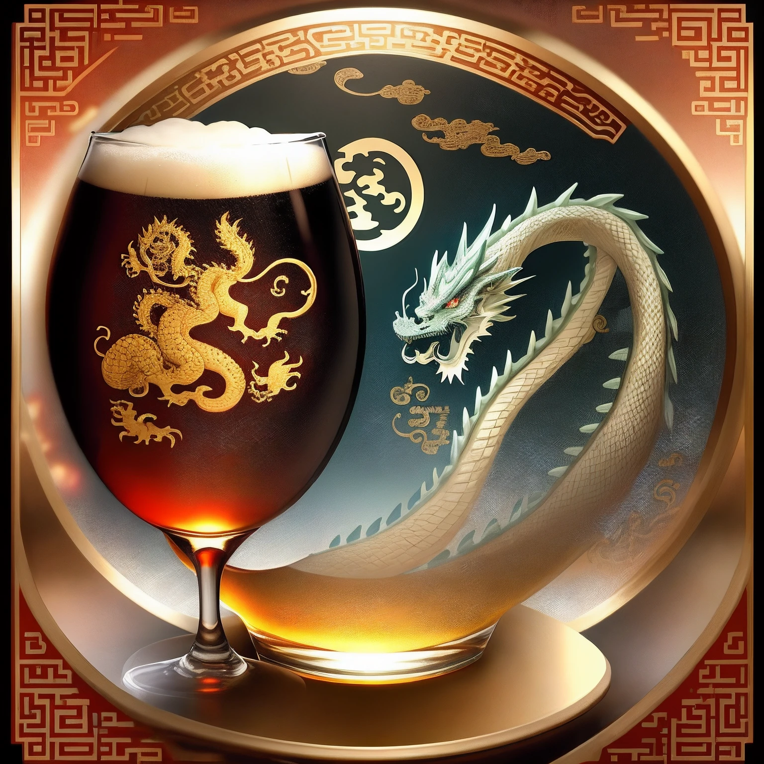 Beer glass with Chinese dragon background