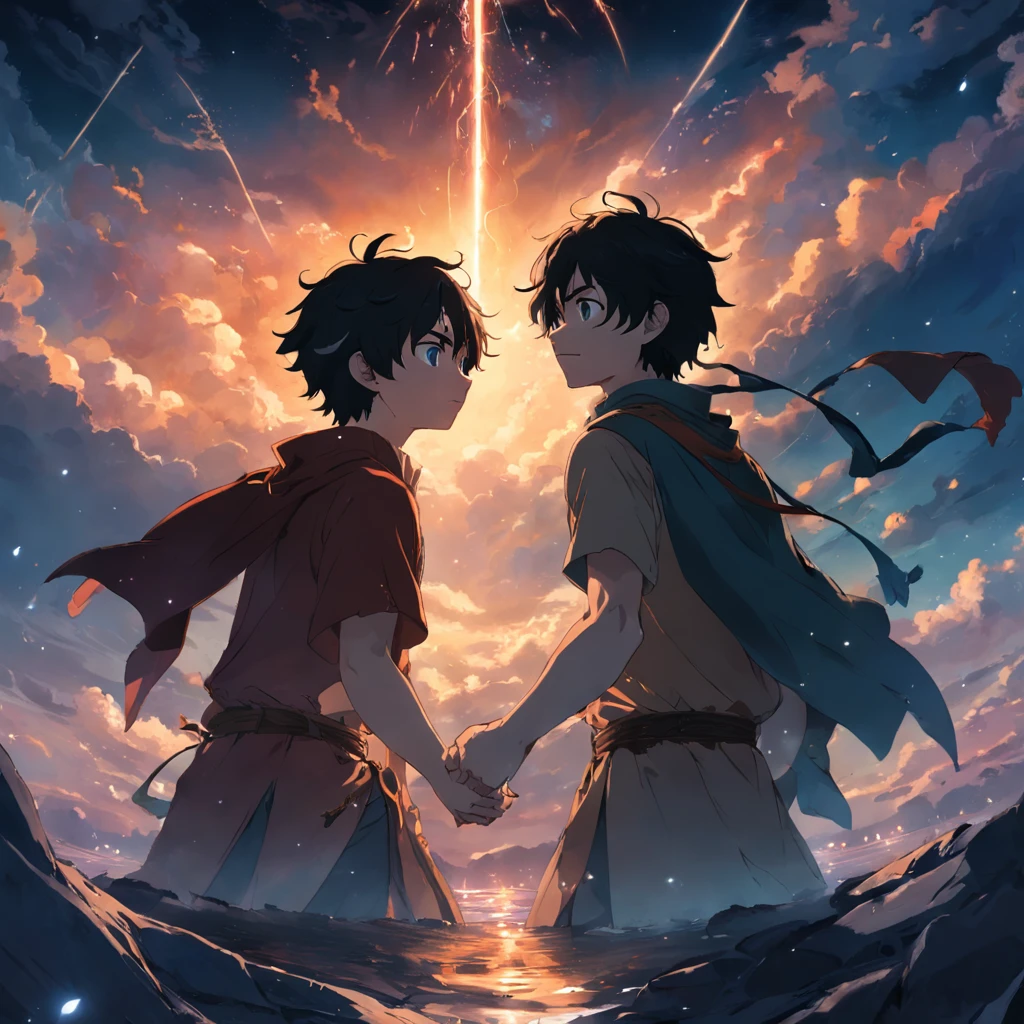 tmasterpiece，best qualtiy，cinematic Film still from，two boy, lotr，Floating in the sky，closeup cleavage，brightly，cheerfulness，Warm and soft lighting，the sunset，（spark of light：0.7）