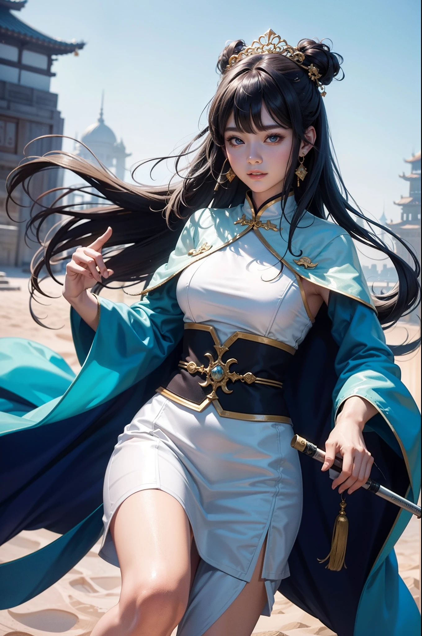 8K,RAW photos,tmasterpiece:1.3,best qualtiy,realisticlying,hight contrast,(s fractal art:1.5),1girll,dynamic angle,Flowing colored sand bands,Super detailed clothes,vivd colour,(full bodyesbian:0.8),Chinese immortals,(dream magical:1.5),(Hanfu:0.8),(ssmile:1.2),(Realistic background:1.2),(The skin:1.5)