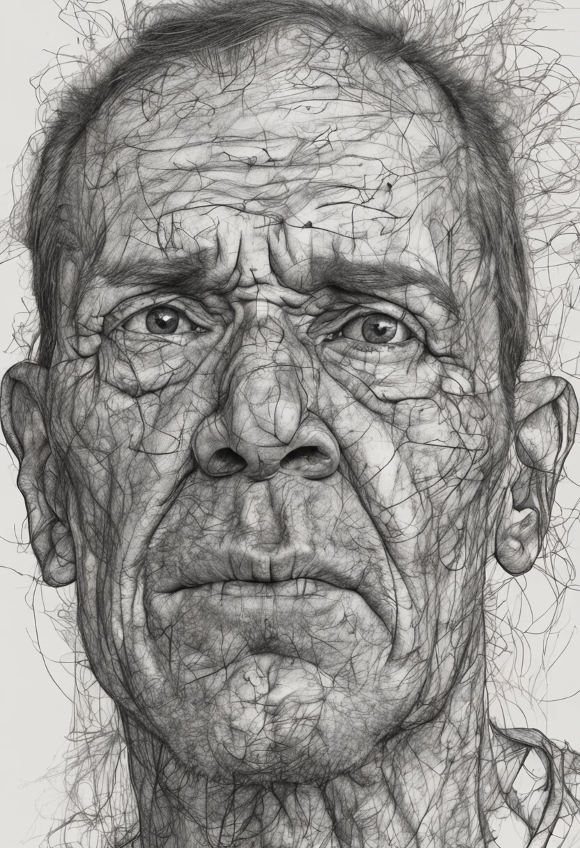 a drawing of a man with a very large head and a very long face, very expressive detailed face, scribble art, pollock photorealistic, extremely detailed portrait, anger. hyper detailed, extremely detailed face, scribbled, extreme detailed face, scribble sketch, hyper-detailed portrait, detailed expressive faces, extremely detailed man, portrait of samuel l.