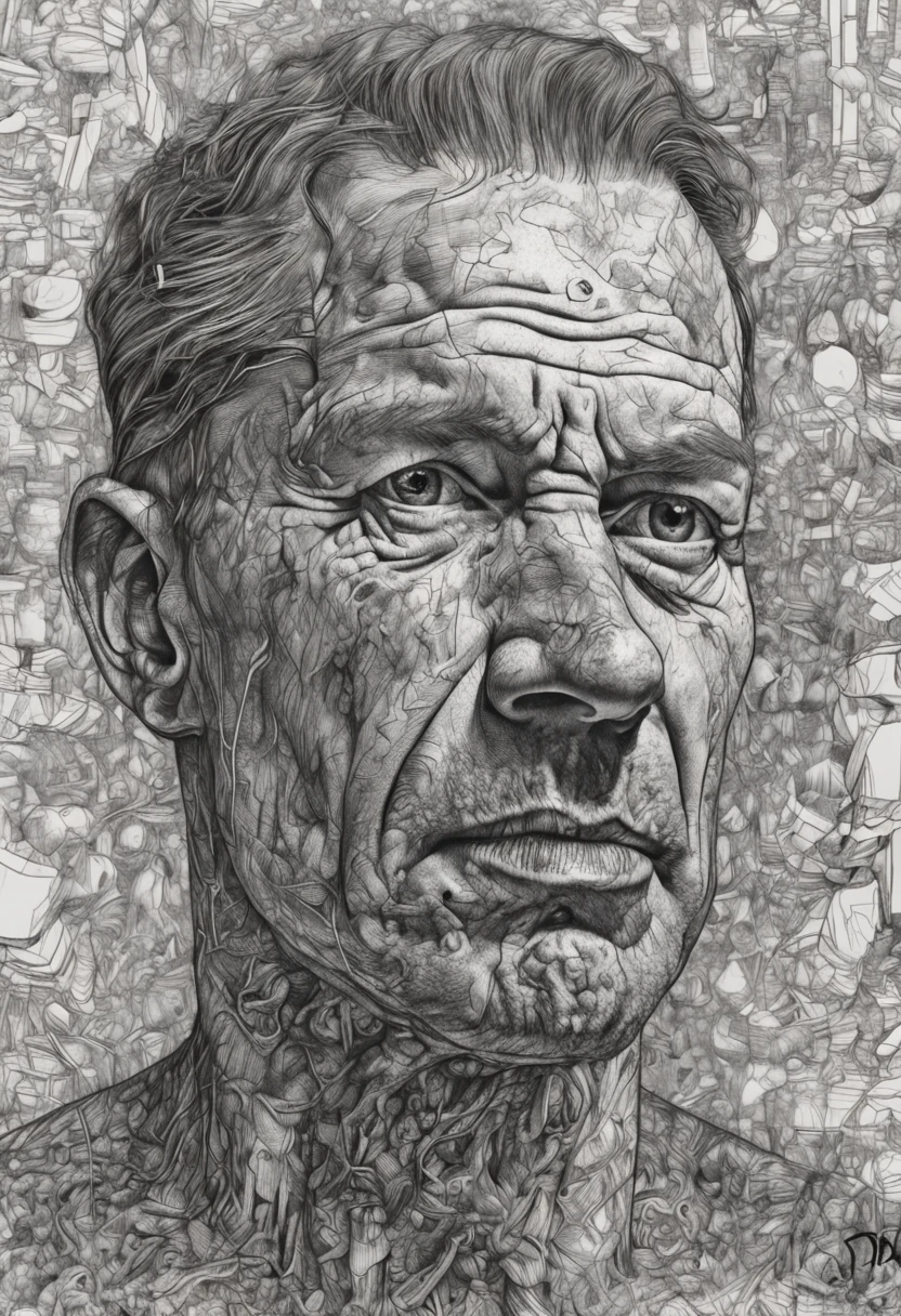 a drawing of a man with a very large head and a very long face, very expressive detailed face, scribble art, pollock photorealistic, extremely detailed portrait, anger. hyper detailed, extremely detailed face, scribbled, extreme detailed face, scribble sketch, hyper-detailed portrait, detailed expressive faces, extremely detailed man, portrait of samuel l.