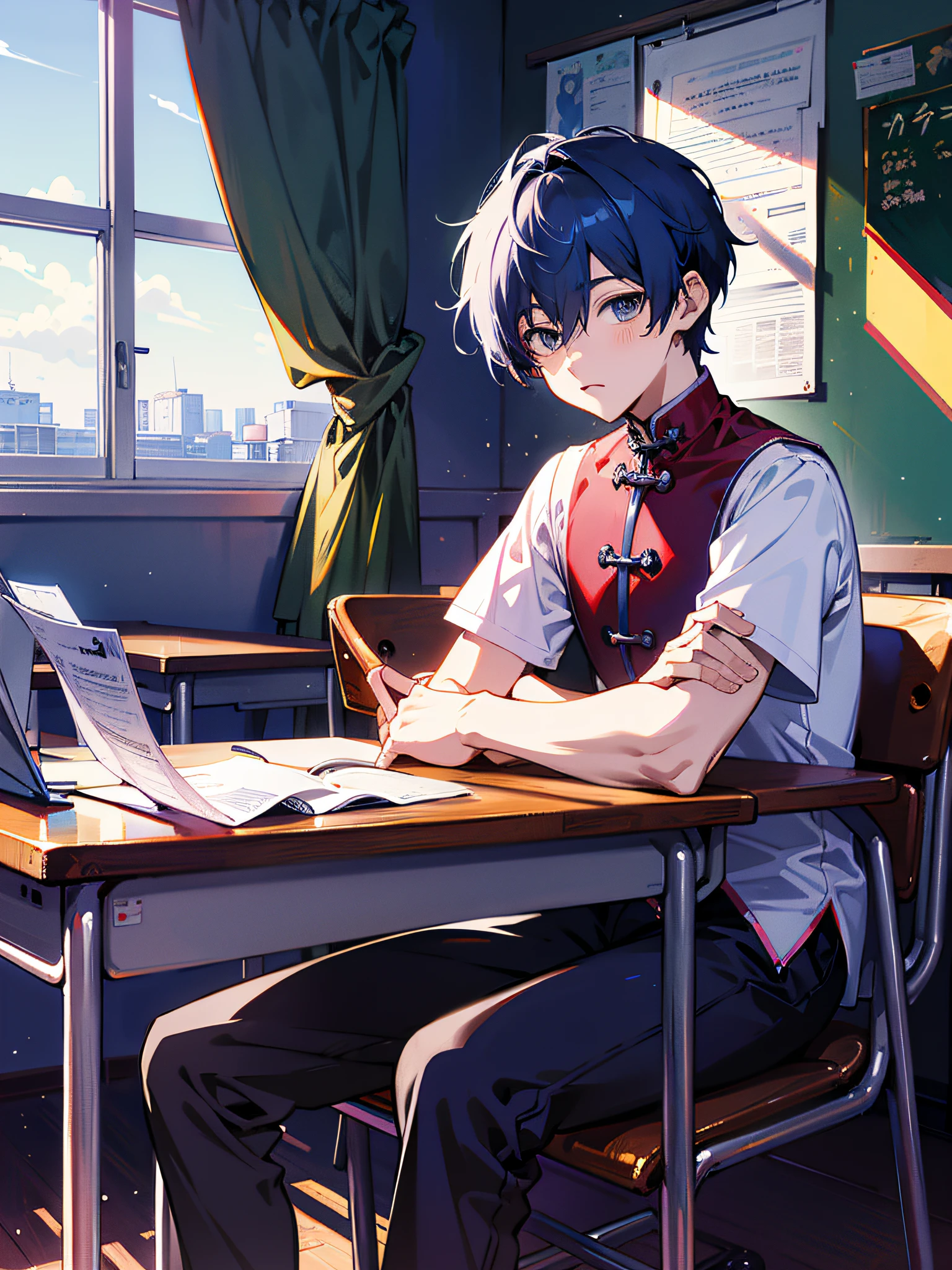 Anime boy sitting at desk with laptop, anime moe art style, Anime art wallpaper 8 K, young anime man, High Quality Anime Art Style, style of anime4 K, 2 d anime style, Anime art wallpaper 4k, Anime art wallpaper 4 K, Handsome anime pose, Best anime 4k konachan wallpaper, 4K anime wallpaper