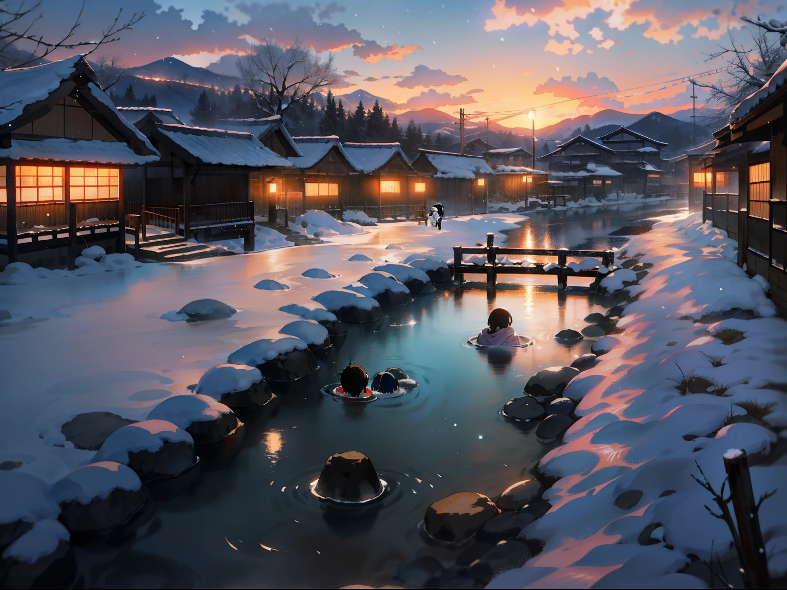 Alafid children standing in a creek in a snowy village, Japanese onsen, high-end onsen, Snowy. By Makoto Shinkai, Japanese village, akihiko yoshida. illusory engine, Onsen, japanese town, By Makoto Shinkai, By Makoto Shinkai, beautiful anime scenes, pondering. By Makoto Shinkai