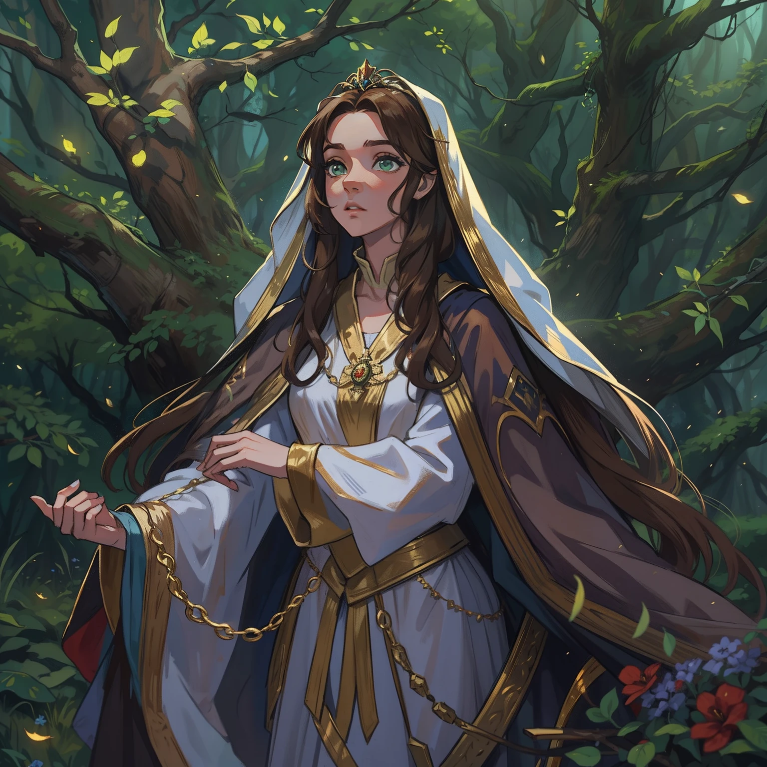 A beautiful woman with green eyes and brown hair, Ella es una hechicera bruja, wearing white and gold robes, Noble robes, Una princesa de magia y una mirada miedo;, ((Enrojecida)) Fondo del bosque, Por la noche, Un bosque horrible, trees with branches. Leaning against a tree, Bosque con niebla. Un arte para un RPG Un arte medieval para RPG ((con escote))