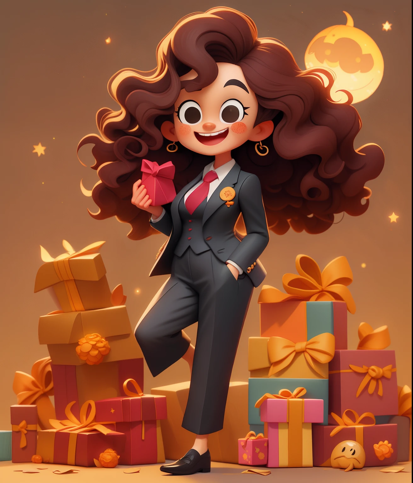 1womanl,sportrait,dressed in a suit,Slim figure,Wavy curly hair,having fun,Holding a gift box in his hand,outside,The background is a modern metropolis,((Mid-Autumn Festival)),Cartoony,pixar-style,3D,Cartoony,(Masterpiece,Best quality,Rich in intricate details)