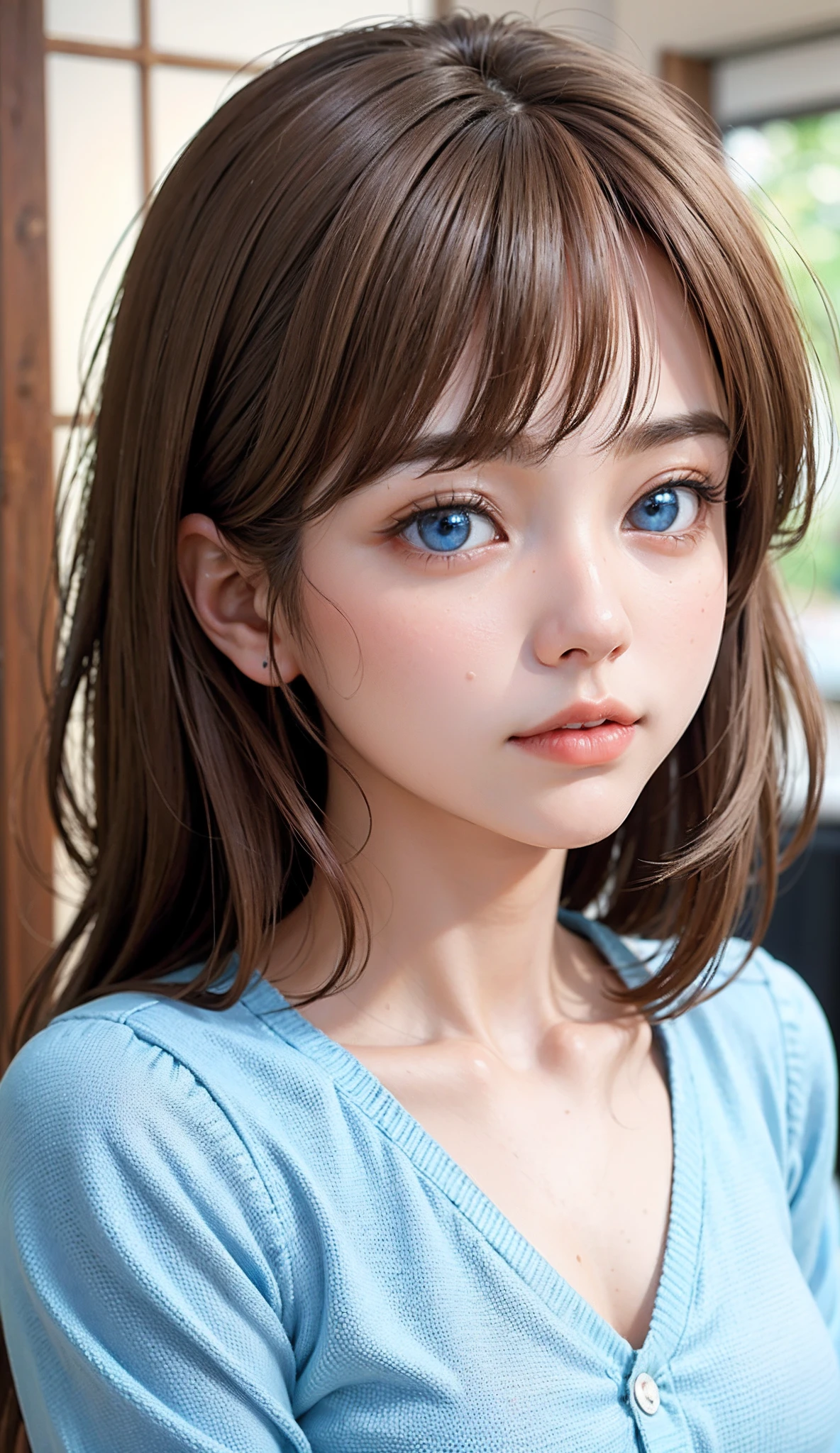 lightbrown hair、Intense crystal light blue eyes、耳Nipple Ring、Look firmly at the camera