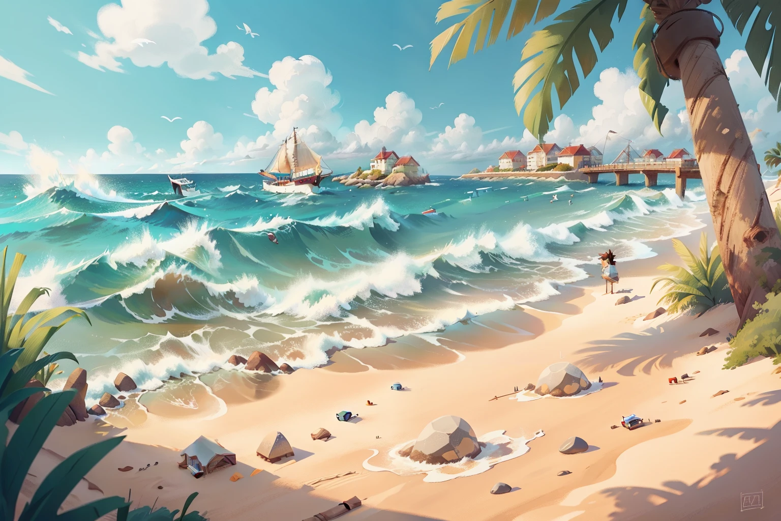 Sunny beach view,Waterfront view,Cartoon scenery,Simple,spray,sandbeach,Excellent details,The picture is beautiful,Simple colors,The lighting is soft,