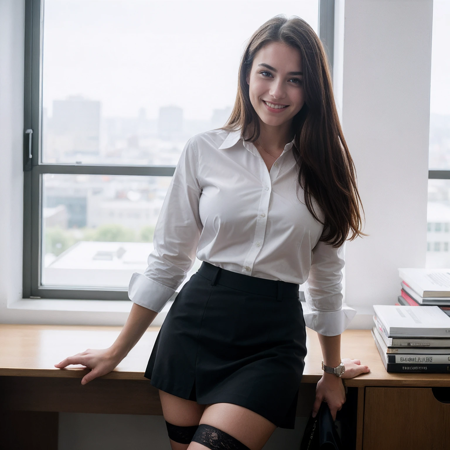 RAW, analog, Nikon Z 85mm,((best quality)), ((masterpiece)), ((realistic)),vintage image, gorgeous French woman, 18 year old, posing in a office wearing black skirt, wearing white office shirt petite, big smile with teeth showing, (freckles:0.6), intricate details, highly detailed, sharp focus, professional, 4k, god rays, hand model, stunning blue eyes, petite, highres, detailed facial features, high detail, sharp focus, smooth, extremely detailed, photo_\(ultra\), photorealistic, stockings, realistic, post-processing, max detail, roughness, real life, ultra realistic, photorealism, 8k uhd, SEMI-SILHOUETTE light, russian face, big breast, curvy, hourglass figure, shirt, office shirt, standing pose, white office shirt