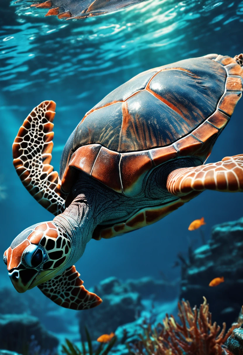 A blue turtle covered in armor swims in the water