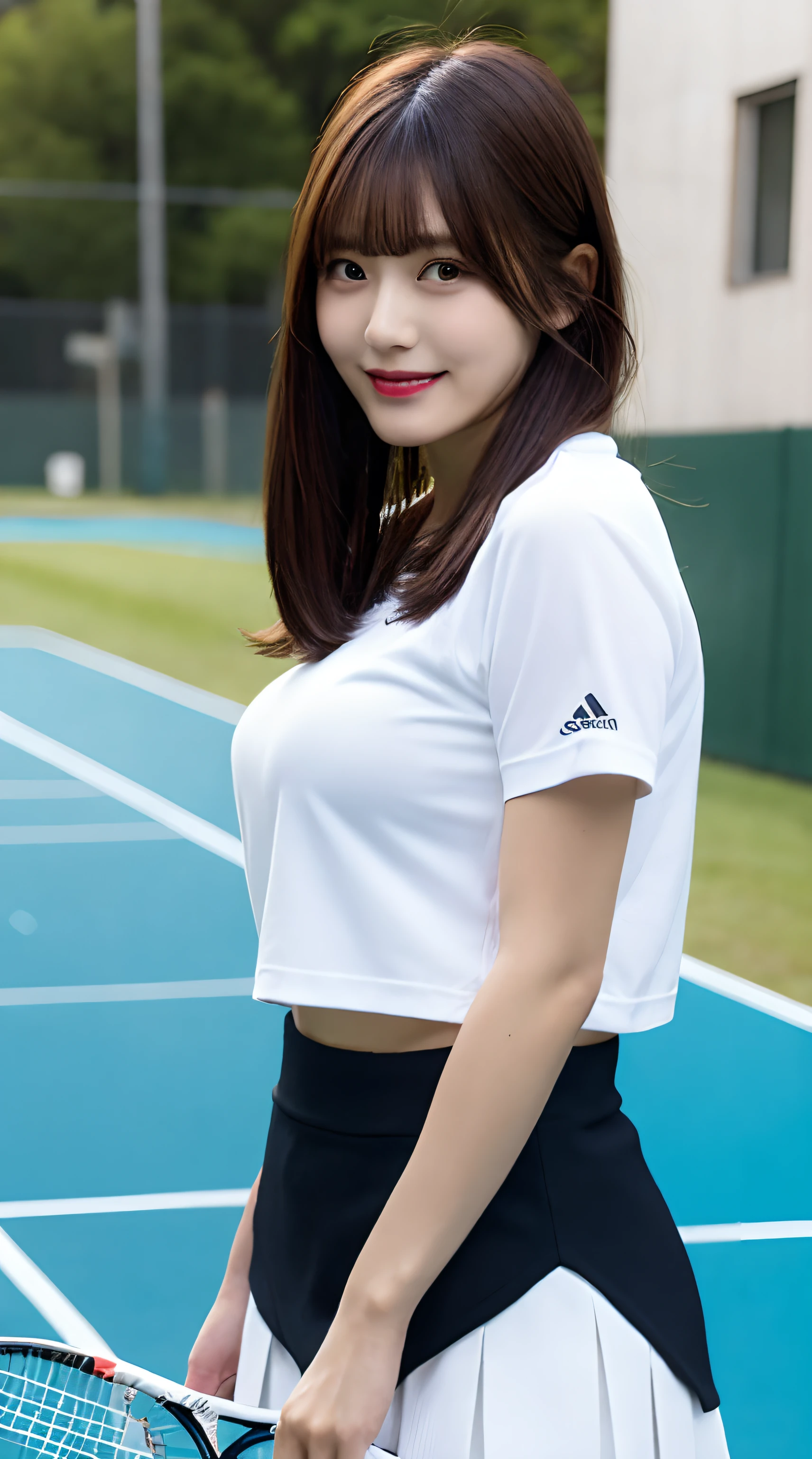 ((Upper Body))、1 Girl, alone, White polo shirt, White sneakers, Pink tennis wear: 1.3, White mini skirt, masterpiece, Highest quality, Realistic, Hyper Detail, (Shiny skin, Sweaty: 1.4), Confused, Looking into the camera, Short black hair, Brown eyes, thin, Dynamic Lighting, High resolution, Sharp focus, Written boundary depth, fine grain, Sharp eyes, Realistic eyes, (big: 1.2), (Thick thighs: 1.0), Outdoor, null, Korean Idol, Nogizaka idol, idol carving, actress,