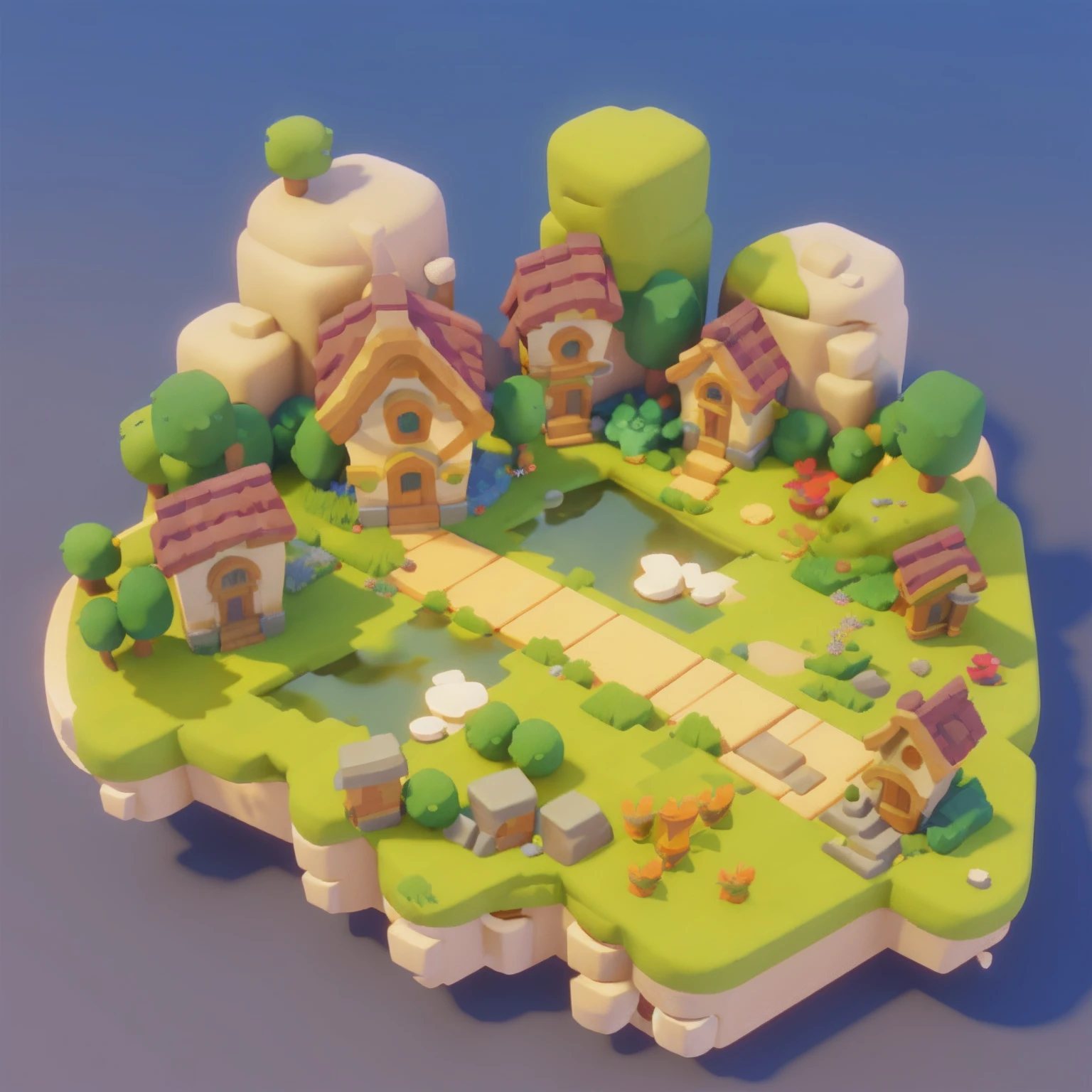 Game architectural design, cartoon, town, stone, brick, meadow, river, flowers, casual game style, 3d, blender, masterpiece, super detail, best quality