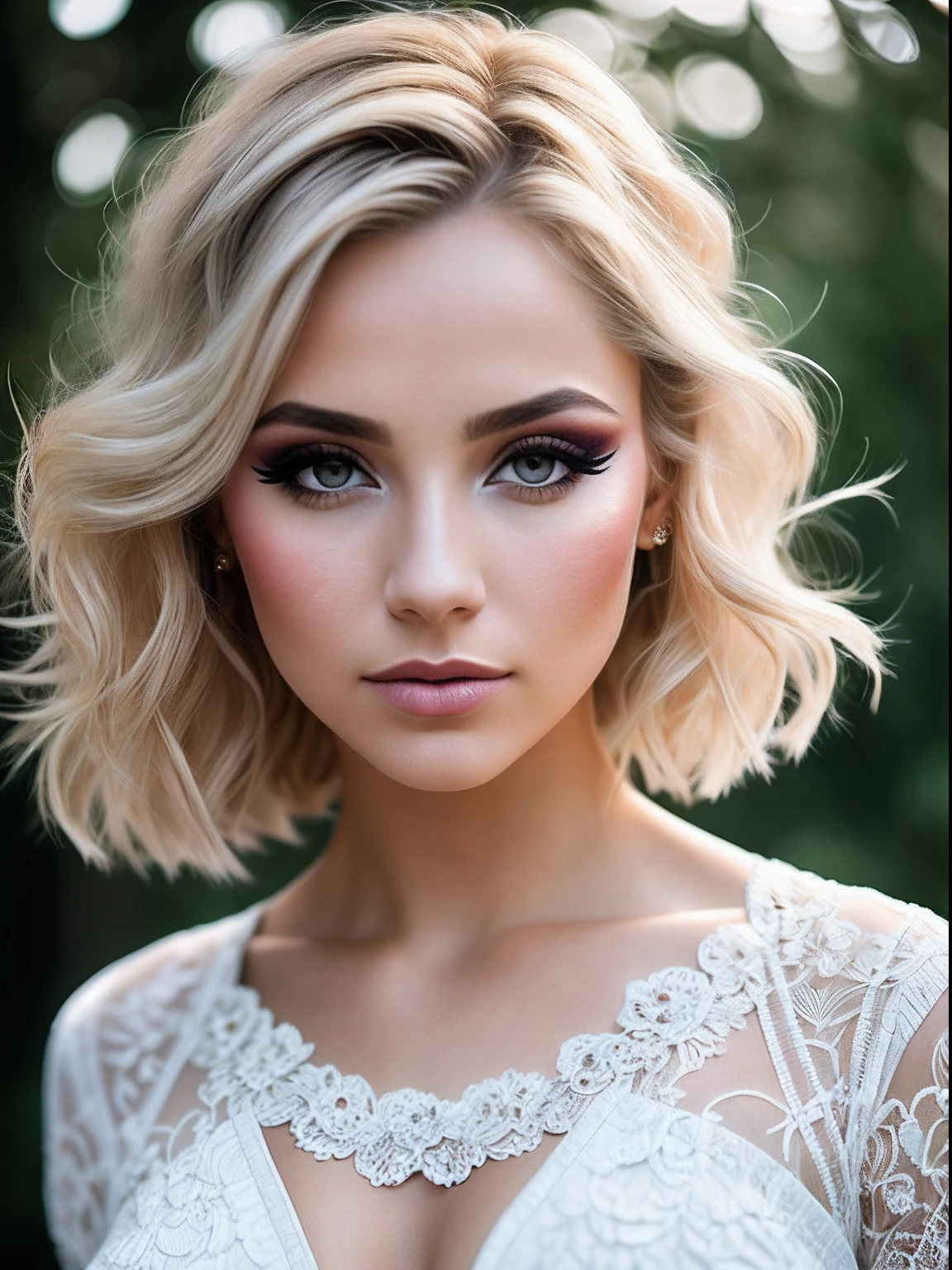 a portrait of a blonde, (makeup:1.4), amazing body, (fit body:1.2), lace outfit, highly detailed hair, natural skin texture, 4k textures, detailed belly, highly detailed perfect smooth skin, lightroom, intricate, ultra-realistic, outside, (hdr:1.3), uhd, (intricate details, hyperdetailed:1.1), cinematic, photo-real, (dark shot:1.2), dramatic, high contrast, (warm colors:1.1), muted colors, masterpiece, elegant, sharp focus, selfie, looking up at camera