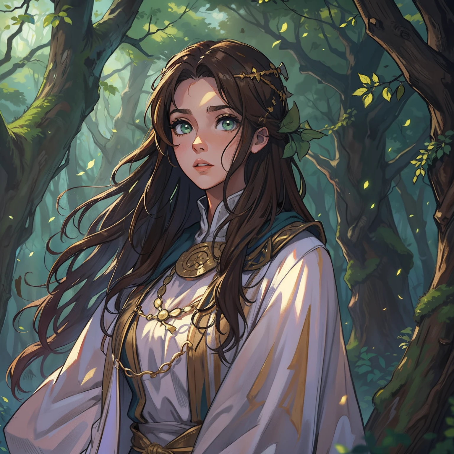 A beautiful woman with green eyes and brown hair, Ella es una hechicera bruja, wearing white and gold robes, Noble robes, Una princesa de magia y una mirada miedo;, ((Enrojecida)) Fondo del bosque, Por la noche, Un bosque horrible, trees with branches. Leaning against a tree, Bosque con niebla. Un arte para un RPG Un arte medieval para RPG ((con escote))