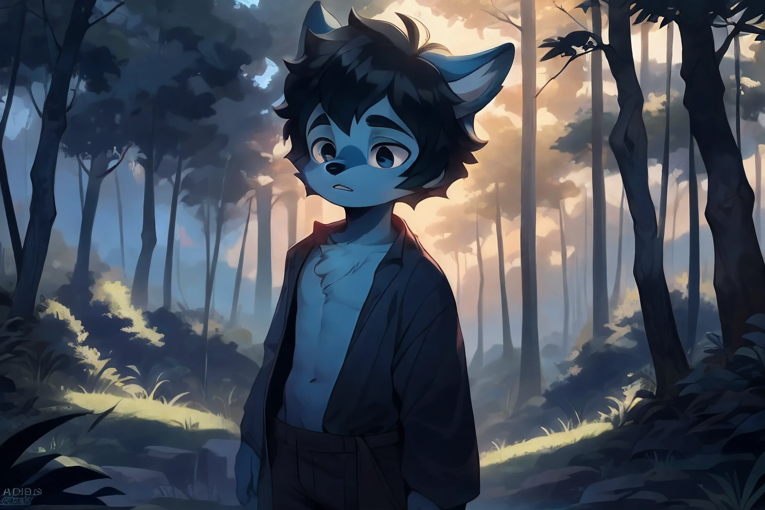 "A  boy, Immerse yourself in nature, Sit under towering trees, His gaze was fixed on the leaves dancing above， Deep in thought, He pondered the mysteries of the world."Fluffy chest, blue body，coyote，((Shota)), Black and white hair, Very good figure, Handsome，adolable, Light