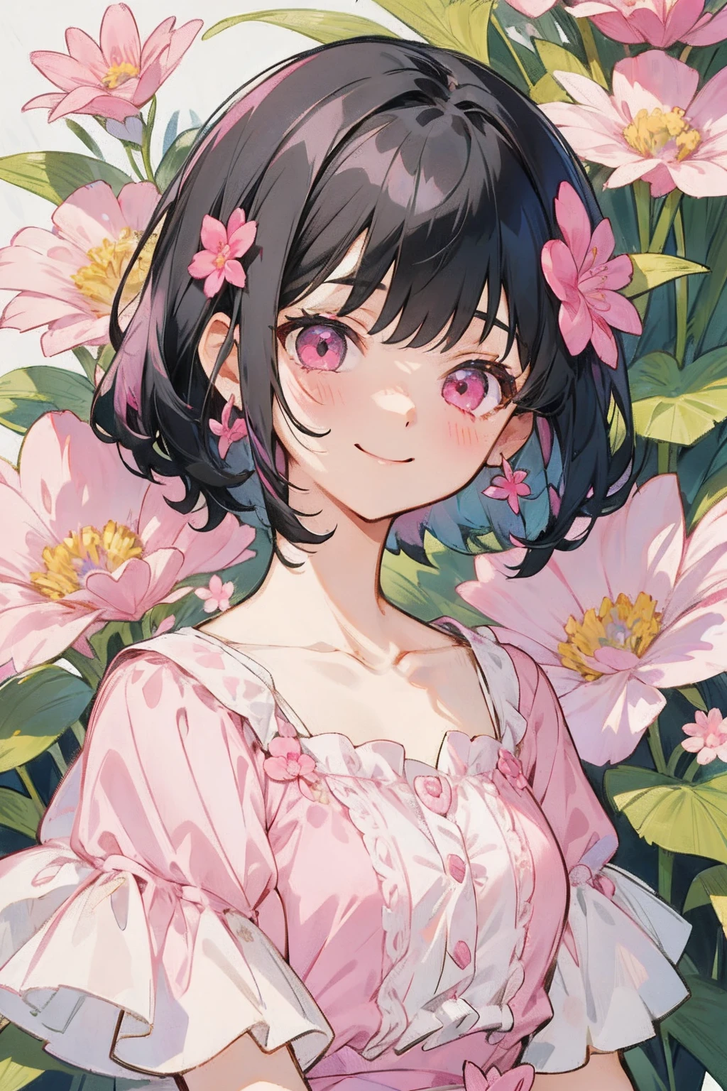 1girl, 独奏, Black hair, dress, pink dress, flower, hair flower, jewelry, hair decoration, earrings, pink eyes, short hair hair, collarbone, smile, looking at the scenes, short sleeves, Prince of the Pink Flower;