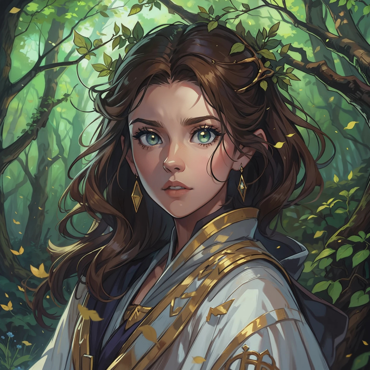A beautiful woman with green eyes and brown hair, Ella es una hechicera bruja, wearing white and gold robes, Noble robes, Una princesa de magia y una mirada miedo;, ((Enrojecida)) Fondo del bosque, Por la noche, Un bosque horrible, trees with branches. Leaning against a tree, Bosque con niebla. Un arte para un RPG Un arte medieval para RPG ((con escote))
