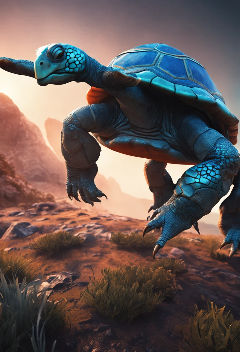 A blue turtle covered in armor