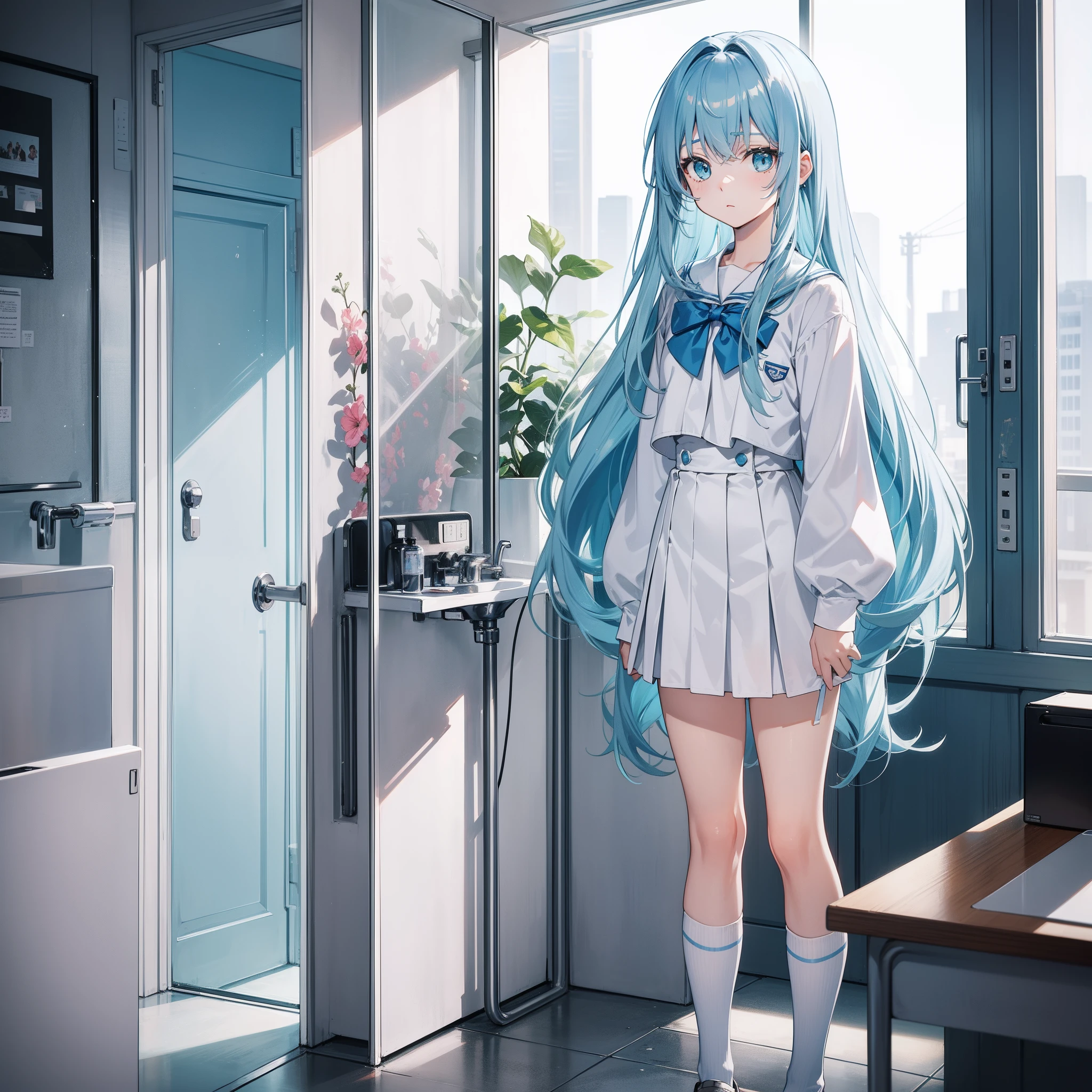 ,Long light blue hair,It's like it's just washed,Eyes that are slightly lighter than the color of the hair,A little loli like an idol,in school uniform,Medium build,Stand in the restroom
