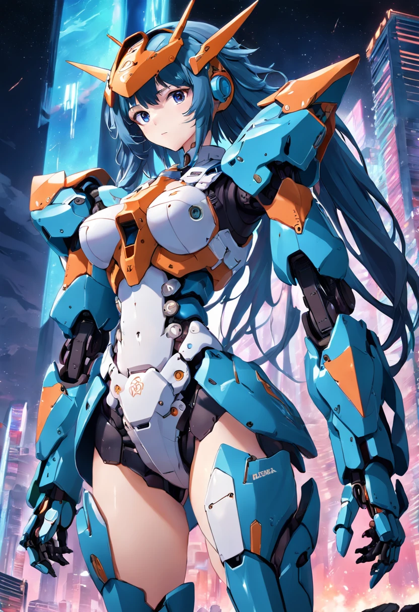 The best quality, high resolution, detailed 4k CG, masterpiece, amazing art, fine details, high details, complex details, blue long hair, girly feeling, big eyes, pure desire, lovely, young and beautiful, immortal，Flying ,, light and shadow, light，Gorgeous clothes，sea，Cyberpunk, mecha girl, mechanical body