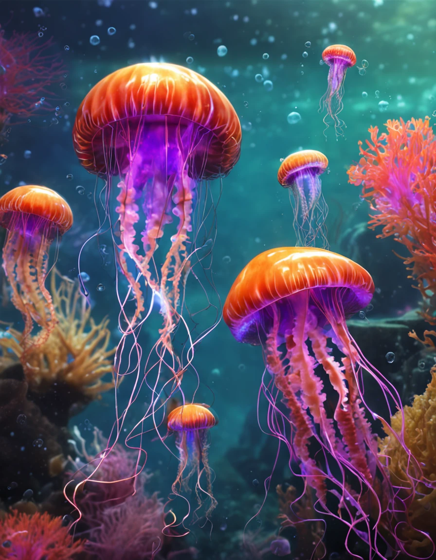 ((({Three large jellyfish}+Large jellyfish+jelly fish+jelly fish:1.1)Swim side by side+Swim together)，There are a lot of small jellyfish around，Connected together)