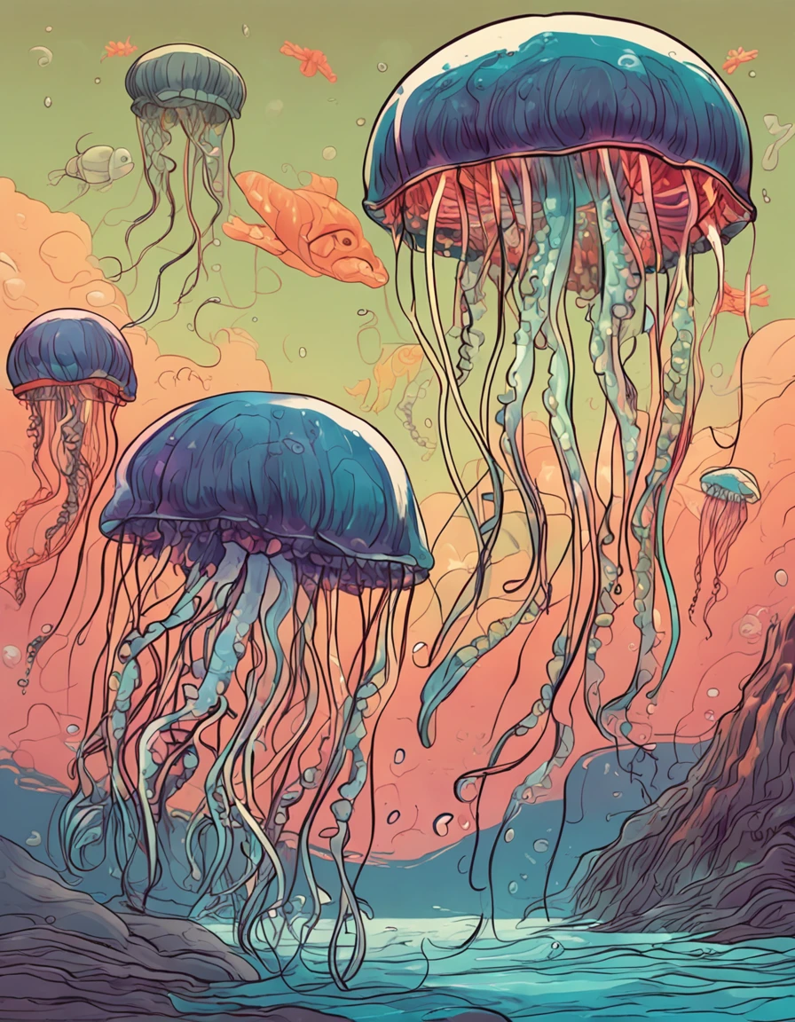 ((({Three large jellyfish}+Large jellyfish+jelly fish+jelly fish:1.1)Swim side by side+Swim together),There are a lot of small jellyfish around,Connected together)