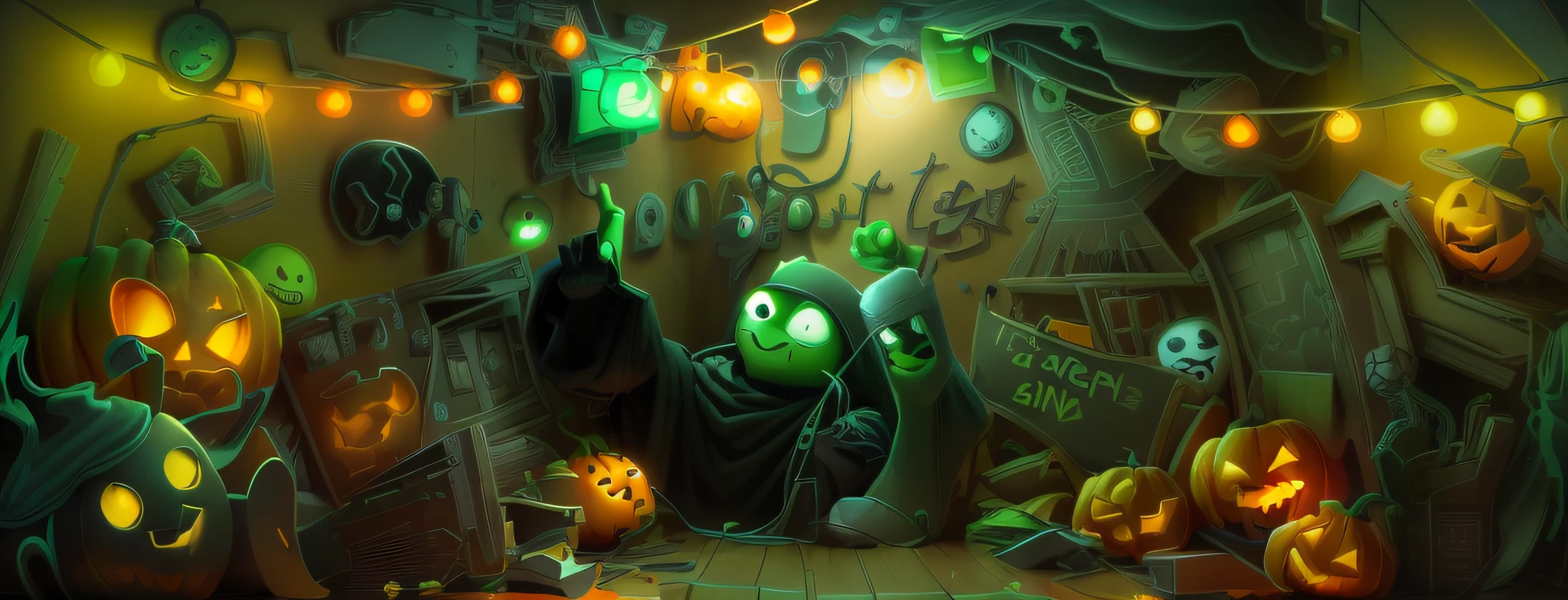In a room full of Halloween decorations,There is a cartoon picture of a green monster, Mobile game art, Official artwork, dofus, Cover art, Album art, promotional artwork, cyril rolando and goro fujita, The cover of the game, videogame art, Game illustration, album covers, videogame cover art, board game cover art, Illustration art, promotional art,。.3D,C4D,blend,halloween atmosphere,On the left is the ghost box pumpkin,A set of expressions in a cartoon drawing room,There is text in the middle part, Official artwork, album covers, Group photo, Creepy, Longoria, concept artwork, promo art, Album art, promotional art, author:Leo Goetz, promotional artwork, album covers, comic cover, album covers, C4D,blend,In the middle is a pair of anthropomorphic walking socks,A string of Christmas lights hangs on it