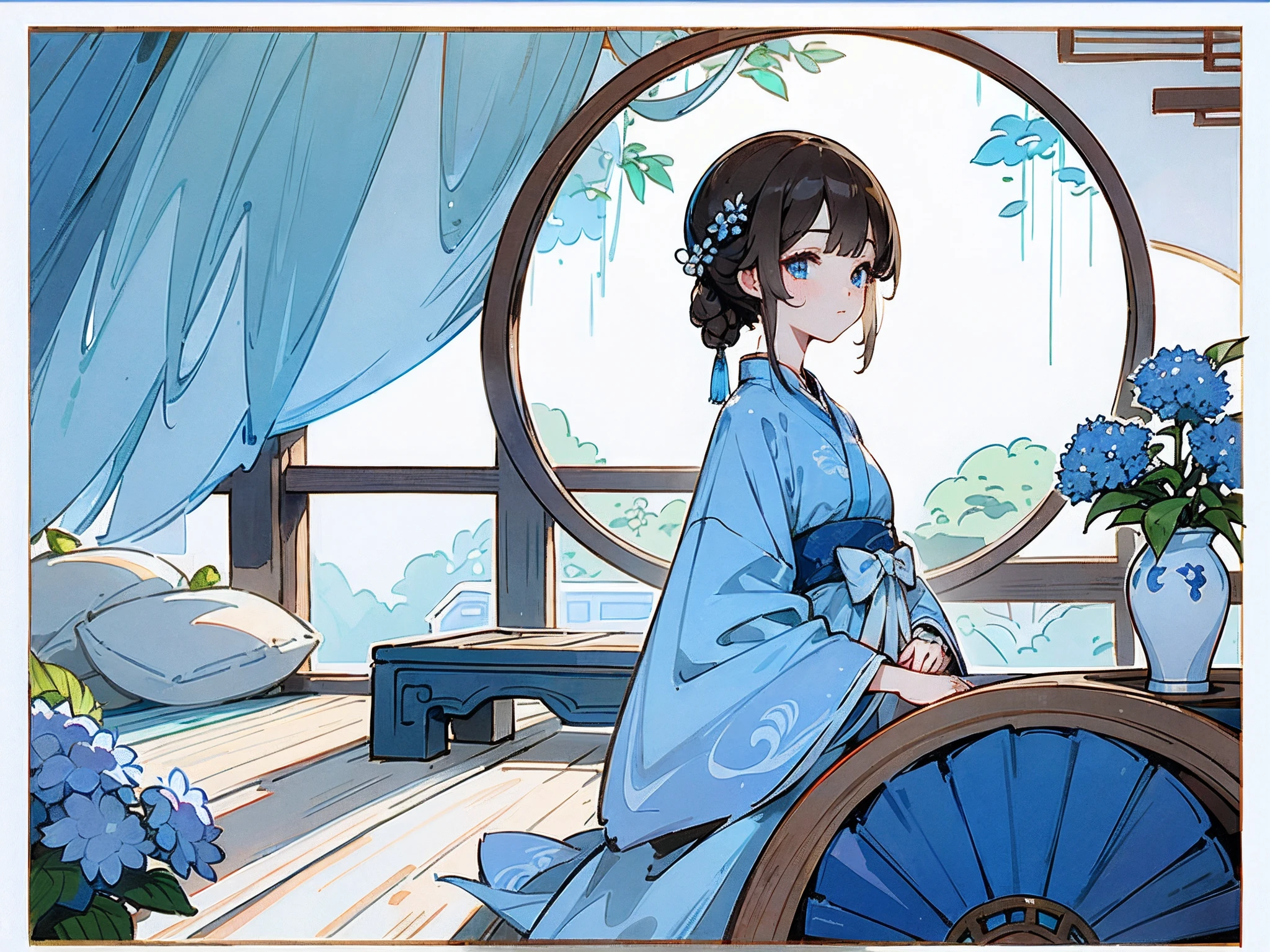 Masterpiece, Blue and white porcelain style,hanfugirl,ancient china art style,chinaware,Blue and white porcelain color,Blue and white patterned clothes,Blue and white porcelain style clothes,Best quality, inside in room,Wooden seats,Wooden coffee table,Ancient Chinese Chamber, Gorgeous clothes,Shy,good eyes,beautidful eyes,lamplight,Quaint,1 girl, Chinese style, Ancient China, sister, , Brown hair, Princess cut, Coiled hair, calm, intelligence, mid hair, green pupills, hair pin, hydrangea,