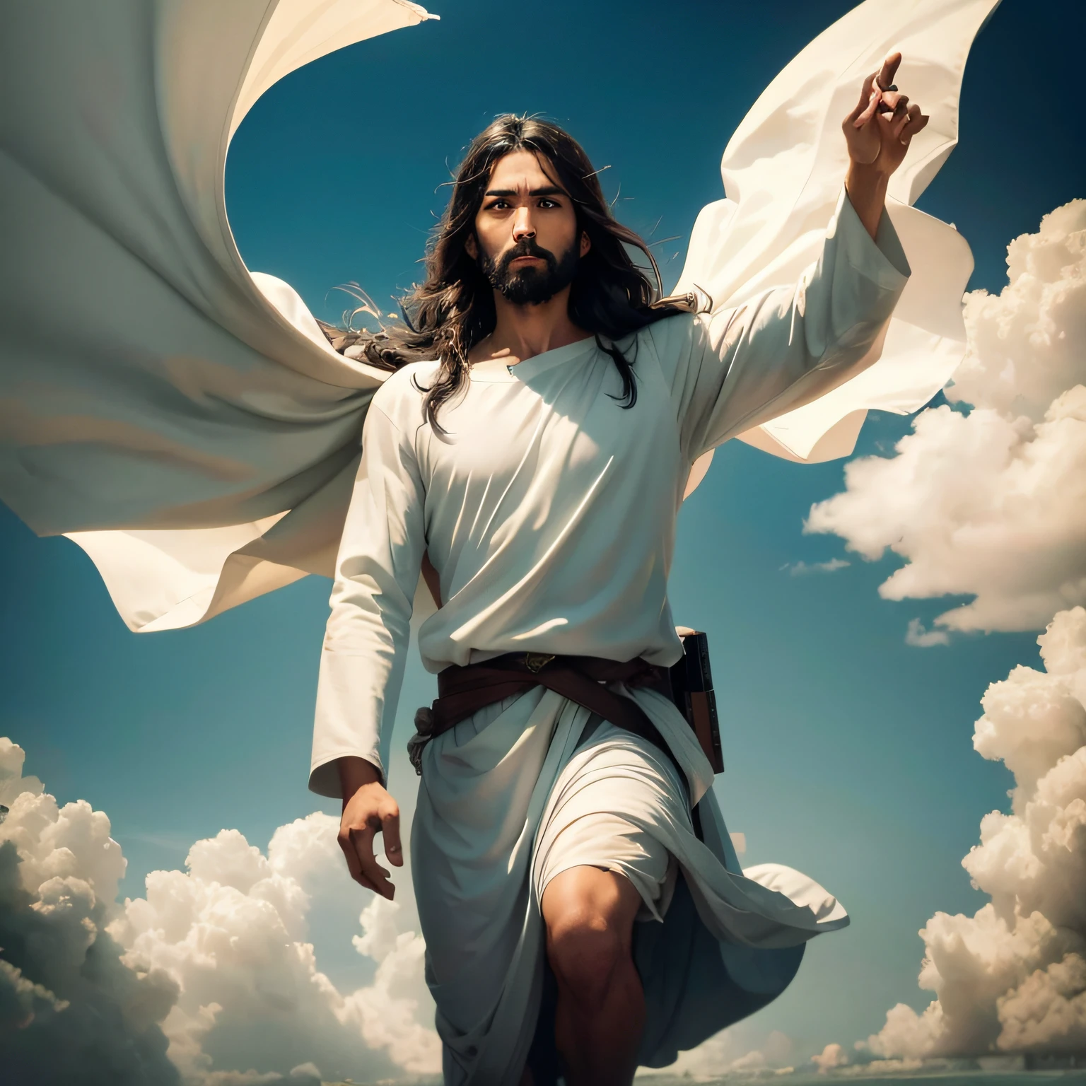 Homem vestido de branco com uma capa e uma espada, Vestido como Jesus Cristo, Jesus Cristo, biblical accurate angel, Jesus, Jesus walking on water, jesus christ fighting lucifer, his arms spread. pronto para voar, Jesus Cristo Indo Super Saiyajin, epic biblical representation, jesus of nazareth, Segunda vinda, Jovem Deus Todo-Poderoso, Jesus riding a dragon