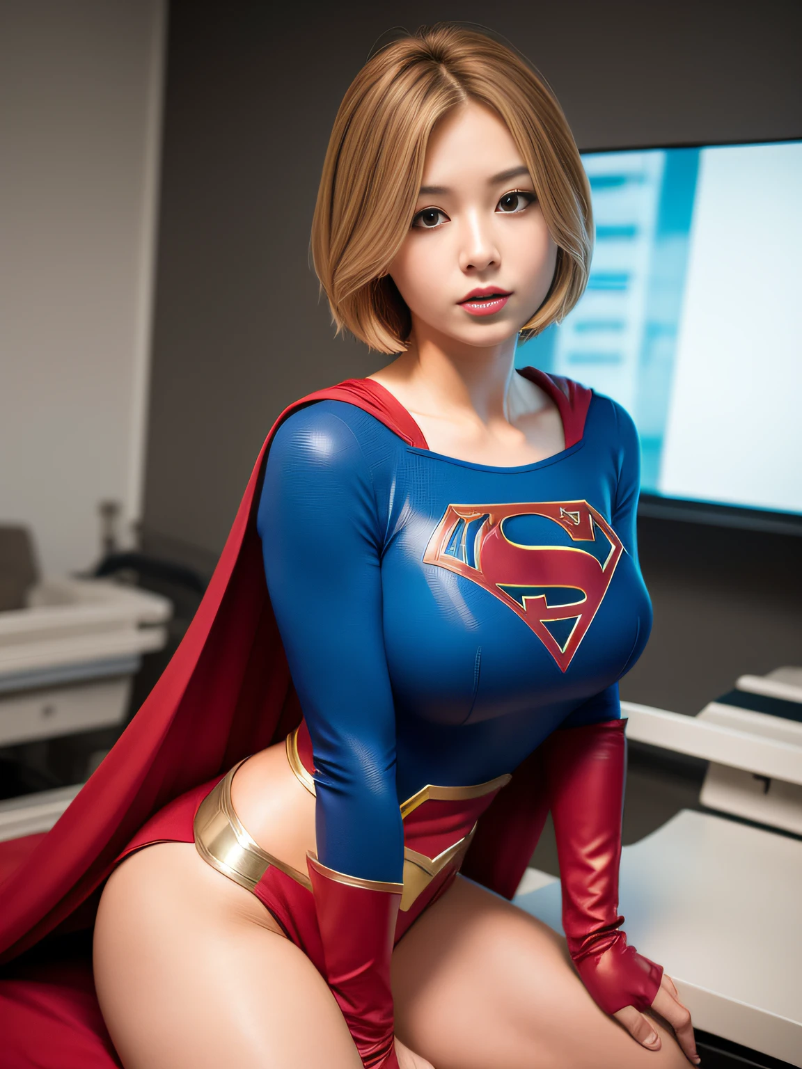 ​masterpiece,Supergirl Costume, short-hair, bare-legged, large full breasts,surgery room、Operating table、straddle、depraved、shiny、Looking at the camera、Provocation、estrus、