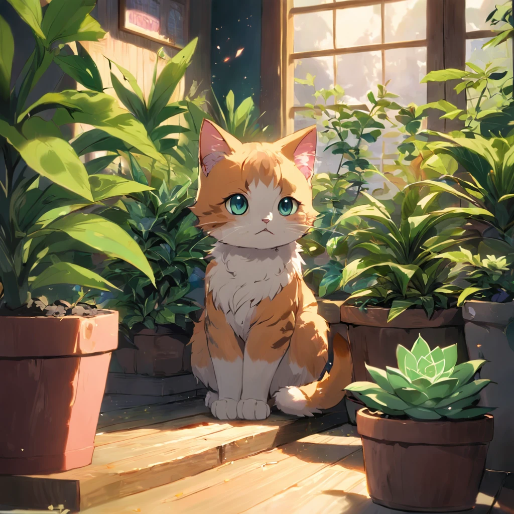 A kitten is in the lower left corner ,Huge plants, ((cheerfulness)) ((tmasterpiece)) ,Ultra HD and Super Resolution,((Succulents)),potted