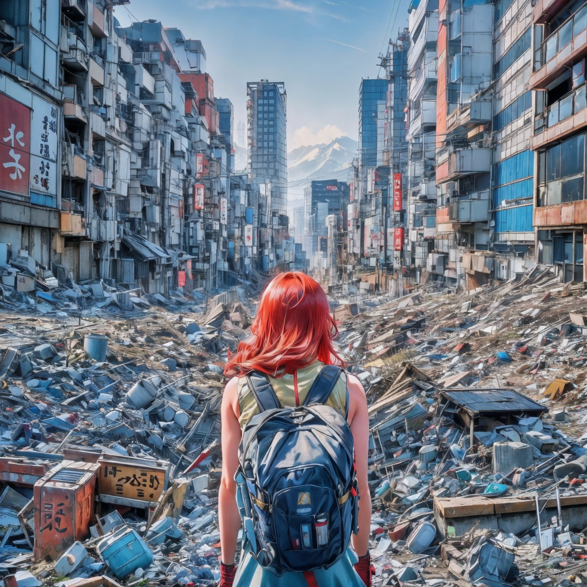 a red-haired teen girl with a backpack climbing a mountain of rubbish against a ruined tokyo city in the background, photo, cinematic, There is a signboard, and it says Tokyo. 4k, ultra high resolution