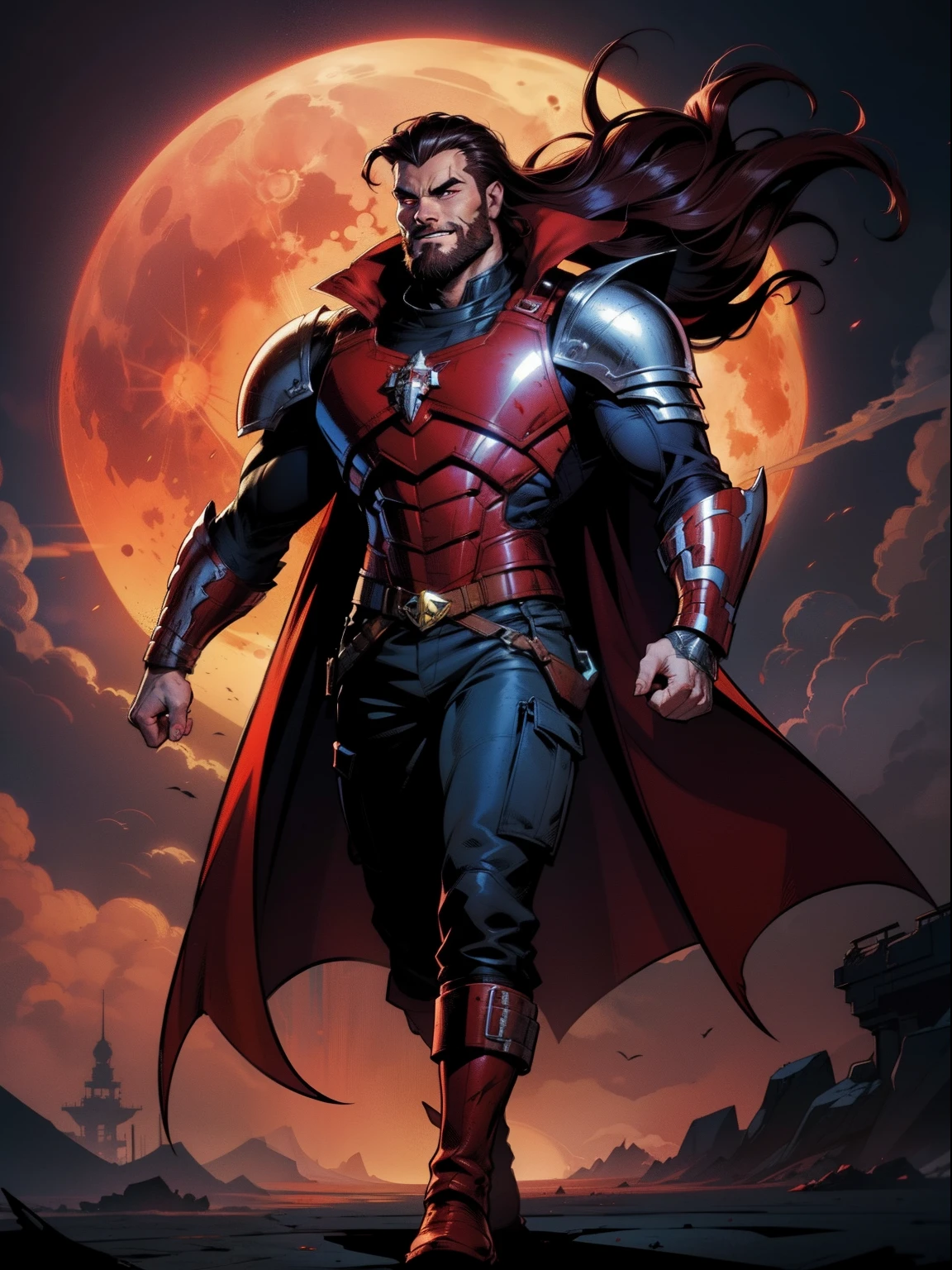 Blood moon background, illustration, Marvel comics style. Tall villian, buffed, short mane hair, ((mullet)), defined face, detailed eyes, short beard, glowing red eyes, dark hair, wily smile, badass, dangerous. Wearing overcoat, armor vest, cargo pants, high boots.