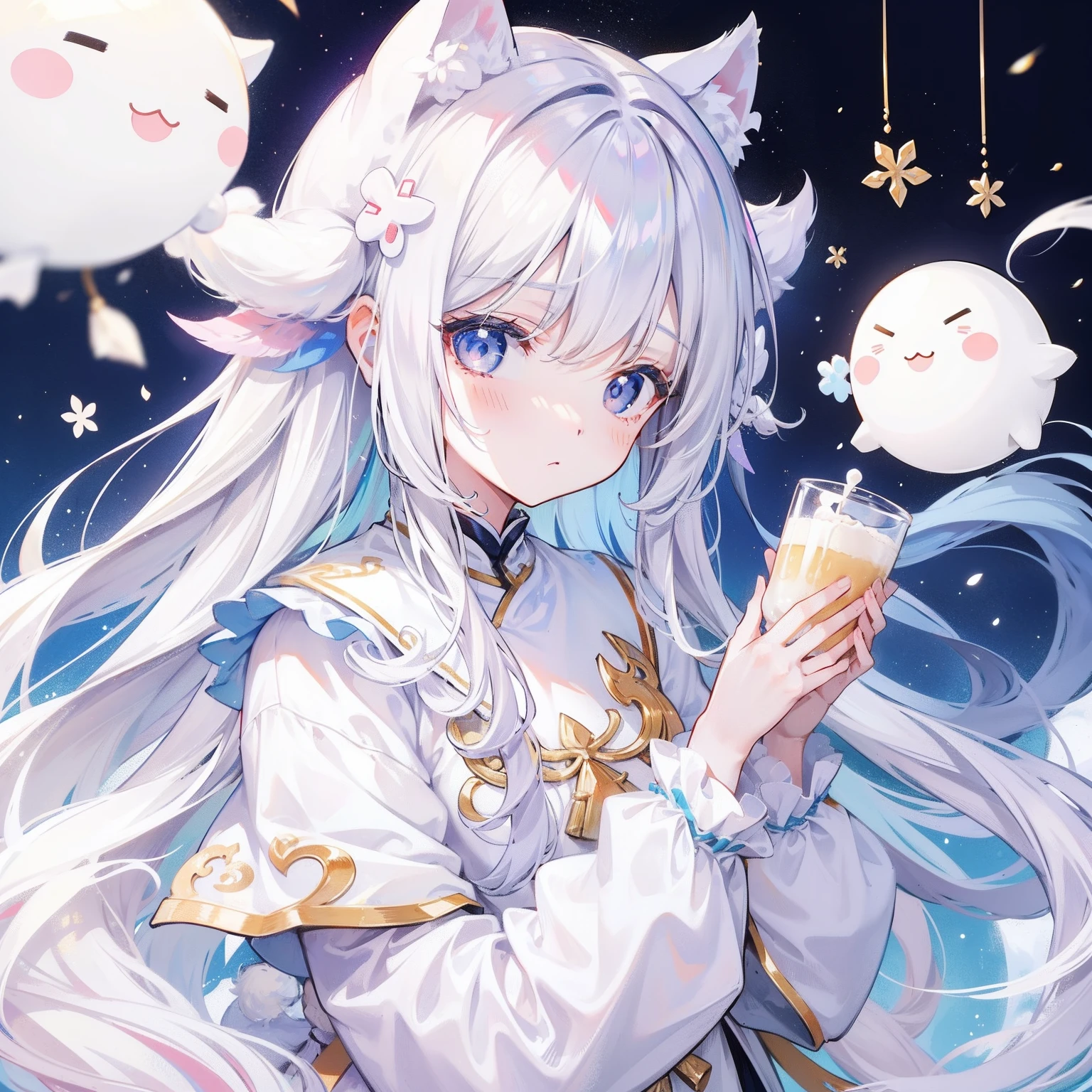 Milky long-haired milk,White clothes,Hu Hu is a very cute face,This is a cute sweet girl