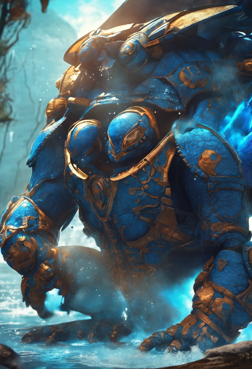 A blue turtle is covered in armor