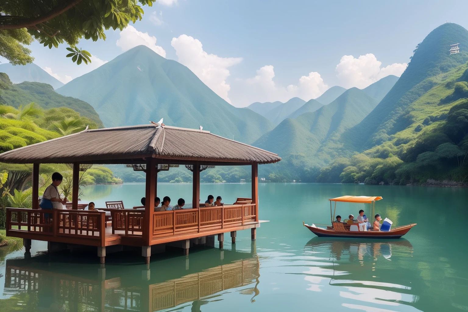 Year: 2023
Country: Taiwan
Description: At Sun Moon Lake, families embark on a serene boat ride. Children excitedly point out waterfowl and fish swimming beneath, while parents lounge on deck chairs with parasols, savoring locally grown fruits and snacks as they admire the tranquil landscape.