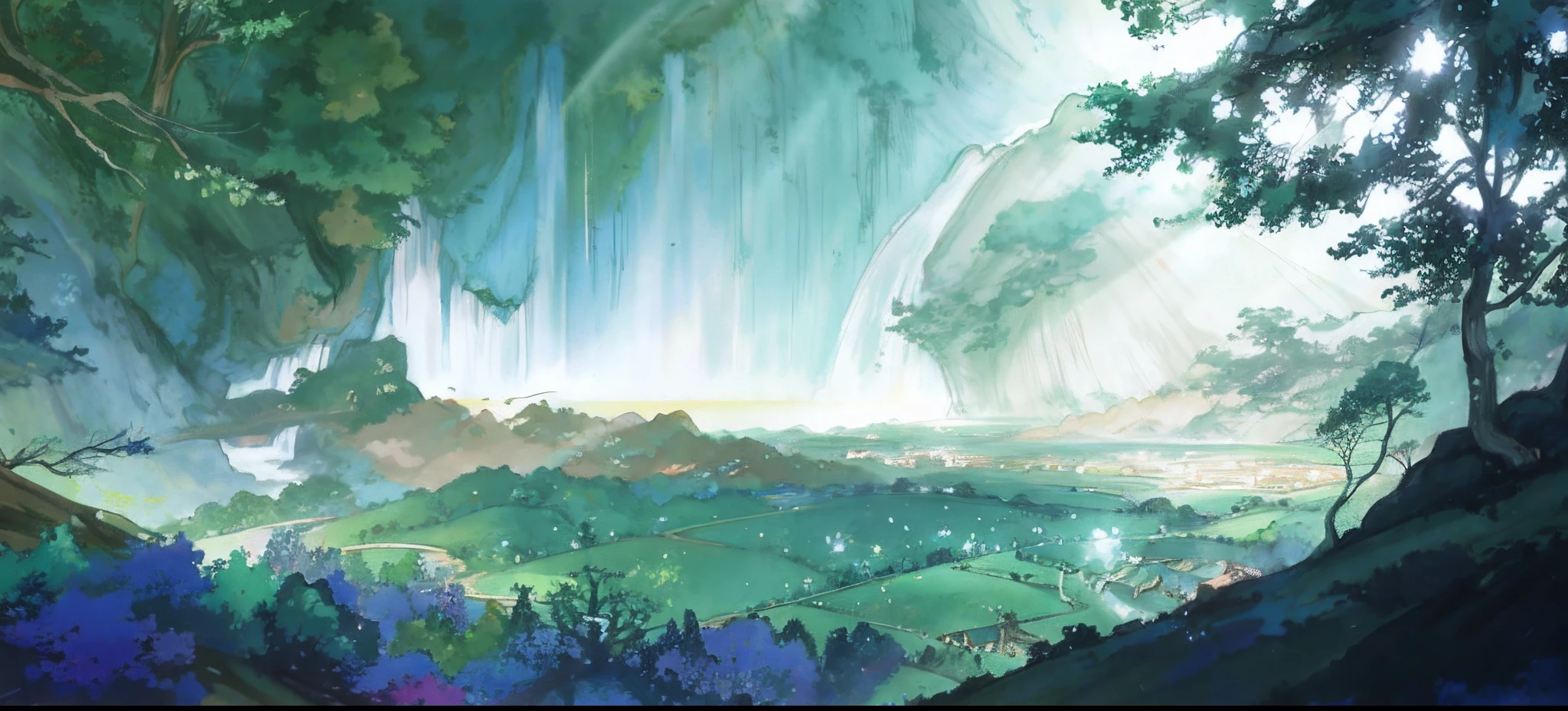 There is a cartoon picture of a forest with a waterfall, anime nature wallpap, Anime background art, anime landscape wallpapers, anime backgrounds, Anime Nature, colorful anime movie background, anime beautiful peace scene, background artwork, anime movie backgrounds, anime countryside landscape, beautiful anime scenery, anime lush john 8k woods, arte de fundo, beautiful anime scenes, Anime landscape, Anime landscapes