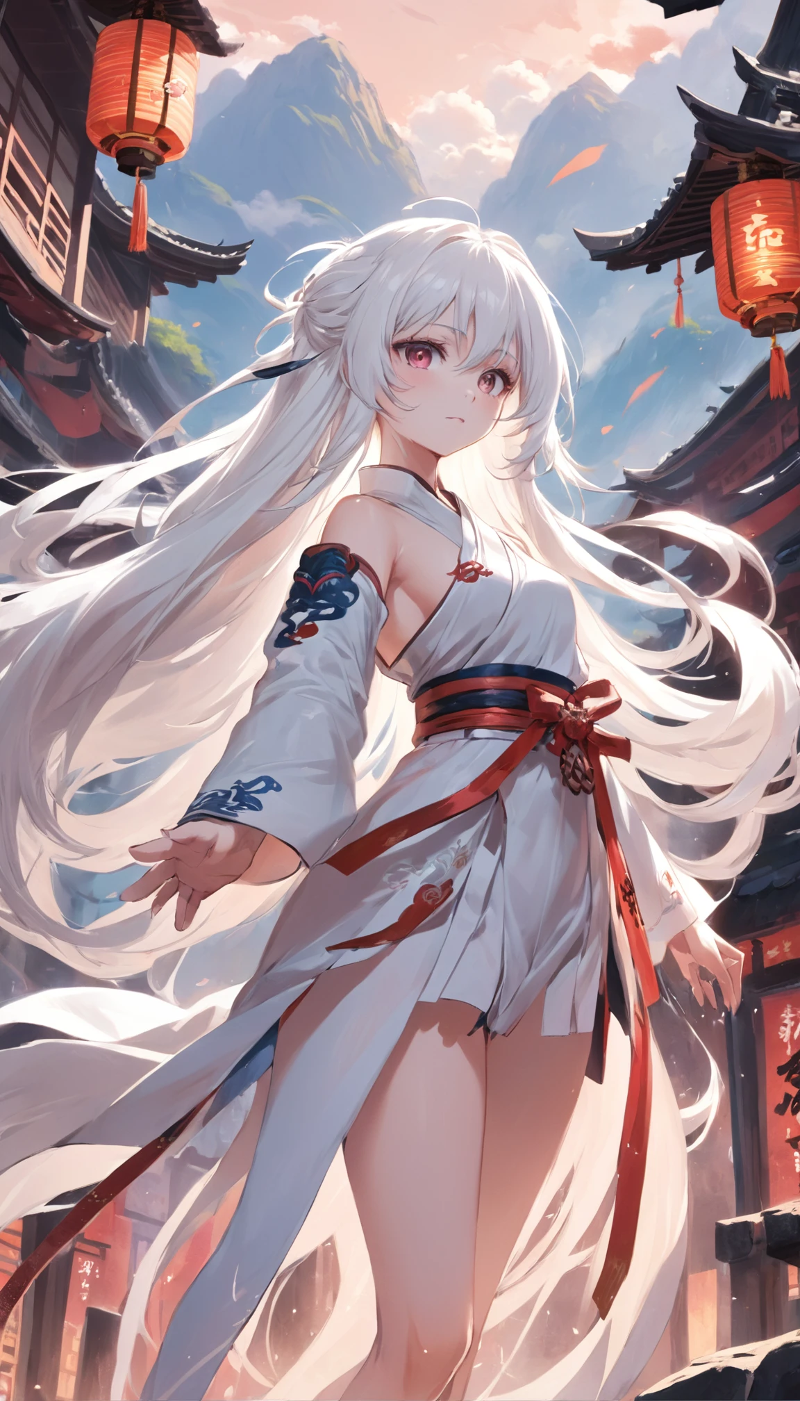 A woman in a white dress standing in front of a building - SeaArt AI