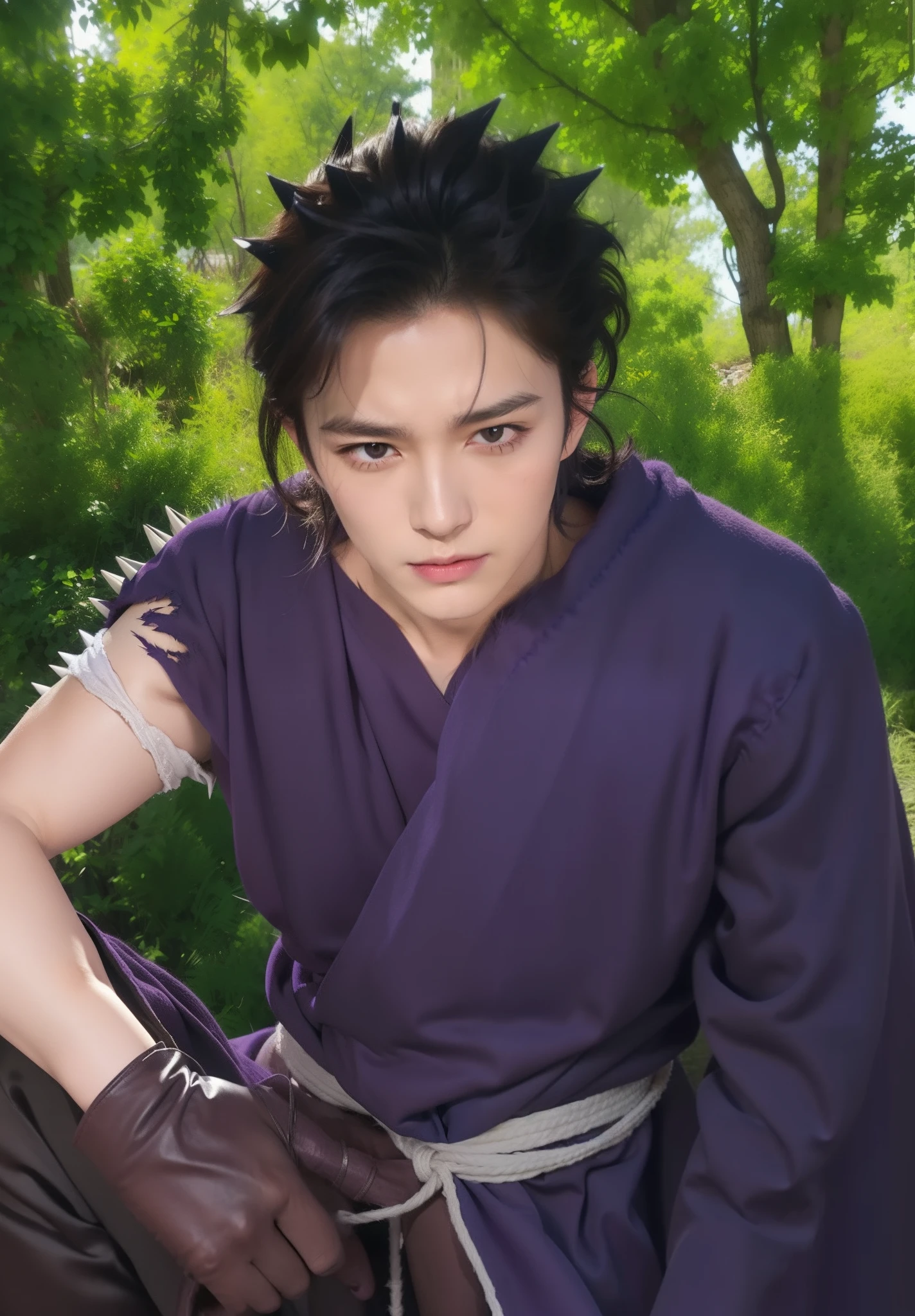 Real life adaption of this character,(realistic spiky Messy hair),((realistic outfit long-sleeved robe is purple and one of the sleeves is torn at the shoulder)),realistic brown gloves,black pants,white rope in wasit,handsome Korean face,realistic light,realistic shadow,(photorealistic1.2),realism