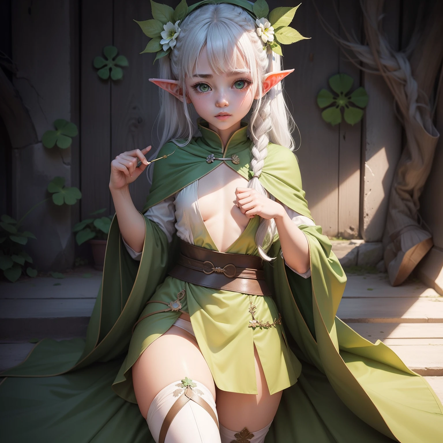 The appearance is that of a young girl，Has elven ears。Her long grayish white hair is tied into a side ponytail，The ends have a distinct green gradient，A young leaf grows on the right side of the head，Symbolizes its status as a new god。The bottom layer of the Nasida iris is dark green，The cruciform pupil is light green，The shape is a four-leaf clover，There is a circle of dark green lines around it。Narcida wears a green cloak，and wearing a white bud dress。Wearing white pumpkin pants，The skirt has gold lines on the surface，The inner side is a light green foliar pattern，-faceetite figure，Fist-sized chest