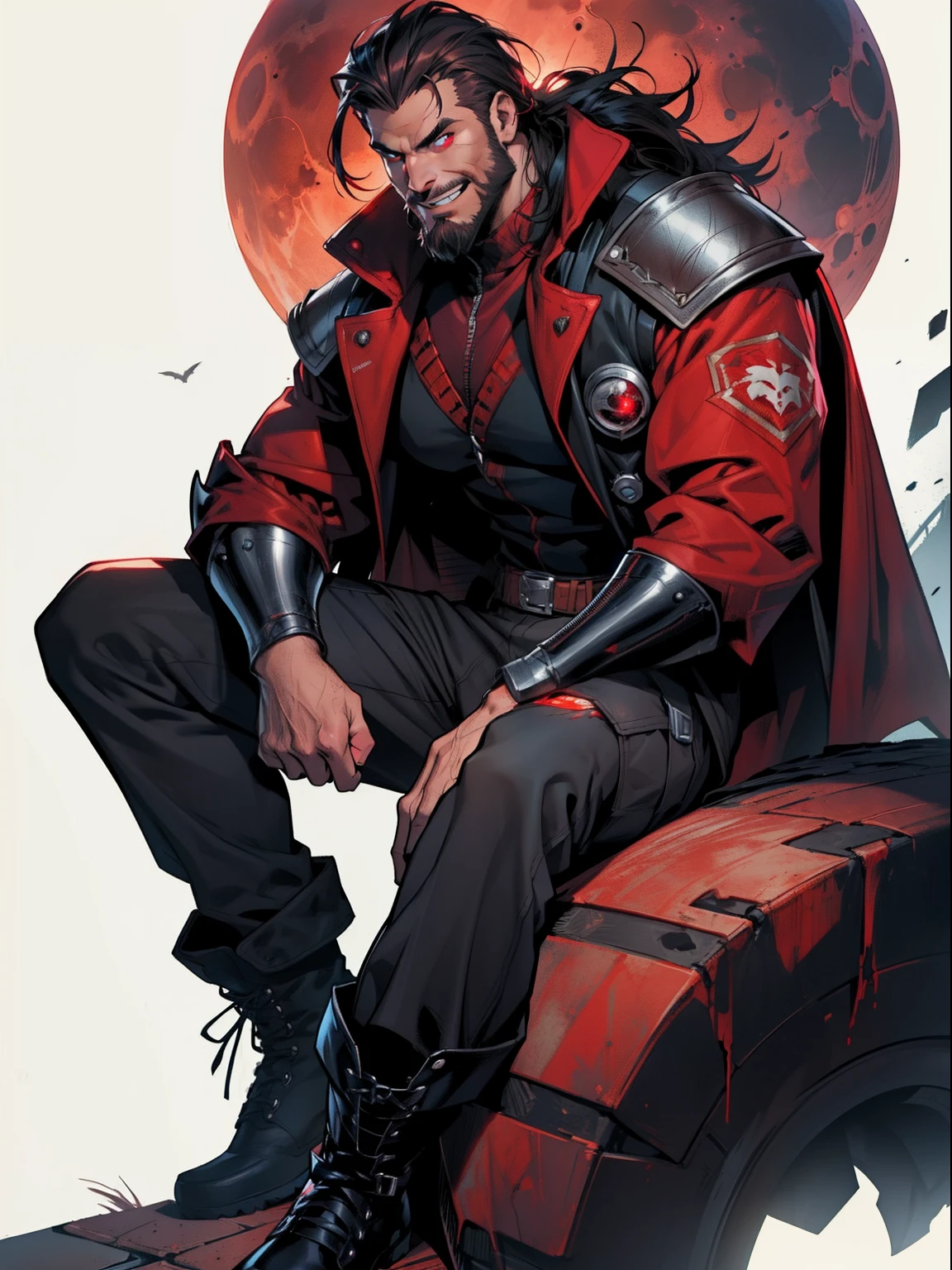 Blood moon background, illustration, Marvel comics style. Tall villian, buffed, short mane hair, ((mullet)), defined face, detailed eyes, short beard, glowing red eyes, dark hair, wily smile, badass, dangerous. Wearing overcoat, armor vest, cargo pants, high boots.