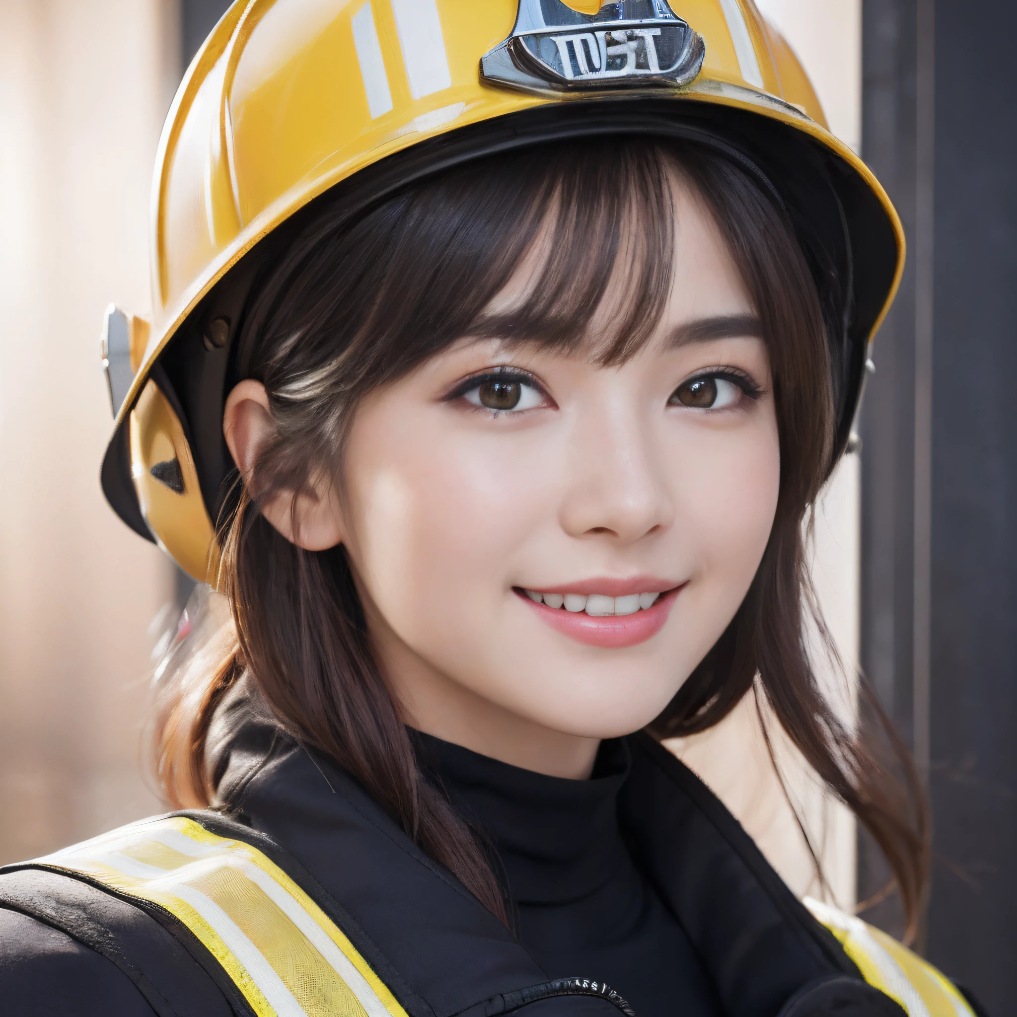 (masuter piece:1.3)、(8K、Photorealsitic、Raw photography、top-quality: 1.4)、(One happy smiling girl)、Beautiful expression、(Lifelike face)、in her 20s、with blush cheeks、straight haired、Dark brown hair color、Medium Hair、3/4 Bangs、Beautiful hairstyle、realisticeyes、Brown-eyed、tits out:1.3、Beautiful details、(real looking skin)、Beautiful skins、shinny skin、wetted skin、absurderes、enticing、超A high resolution、A hyper-realistic、high-detail、the golden ratio、((firefighter:1.3、helmets))
