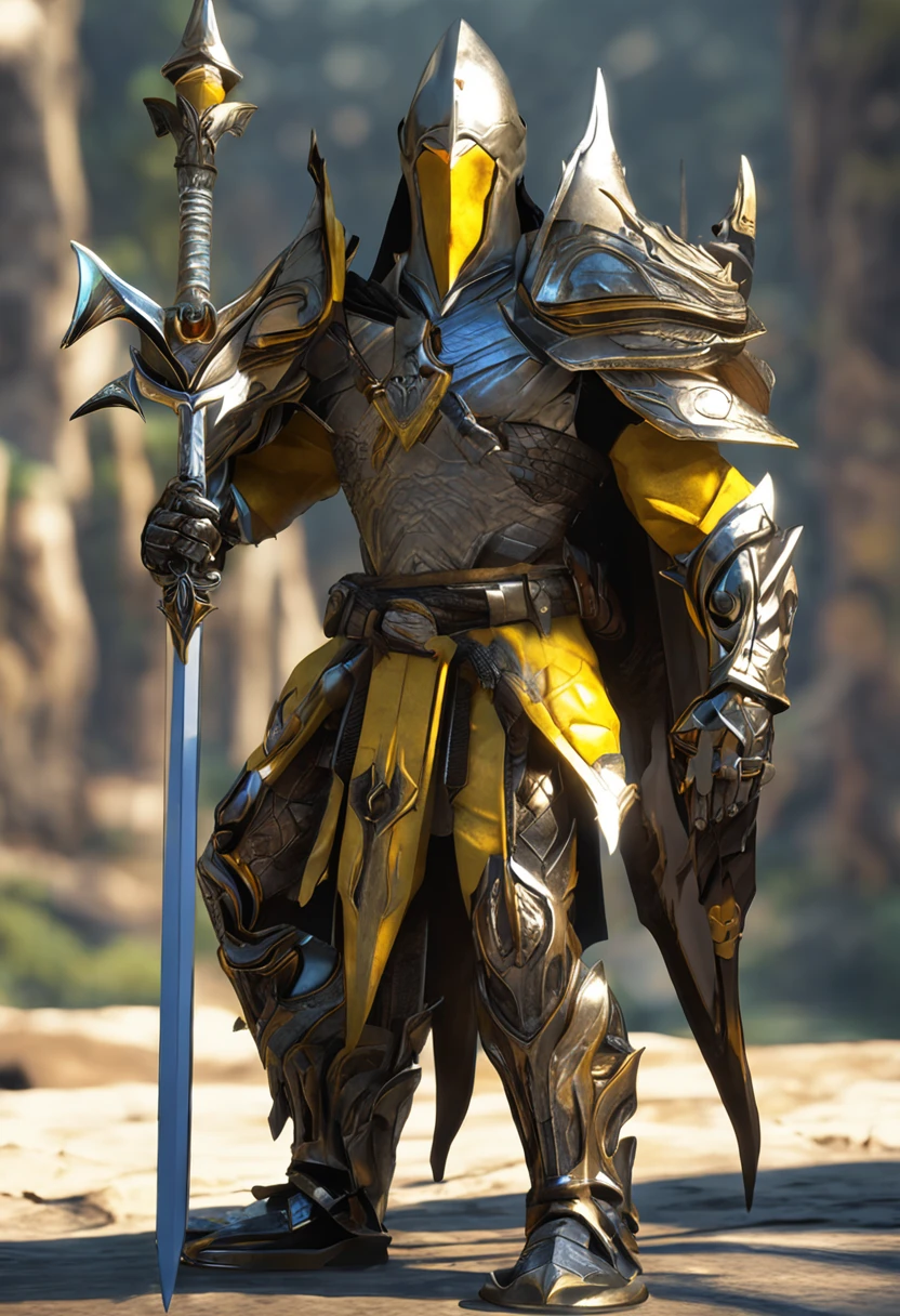 It has a spear with a yellow and black pattern, Glowing yellow soul blade, Glowing barracuda, The style of the spear blade, raytraced blade, The sword, Shiny Pike, intricate fantasy spear, war blade weapon, medievil spear, Magical barracuda, Realistic Pike