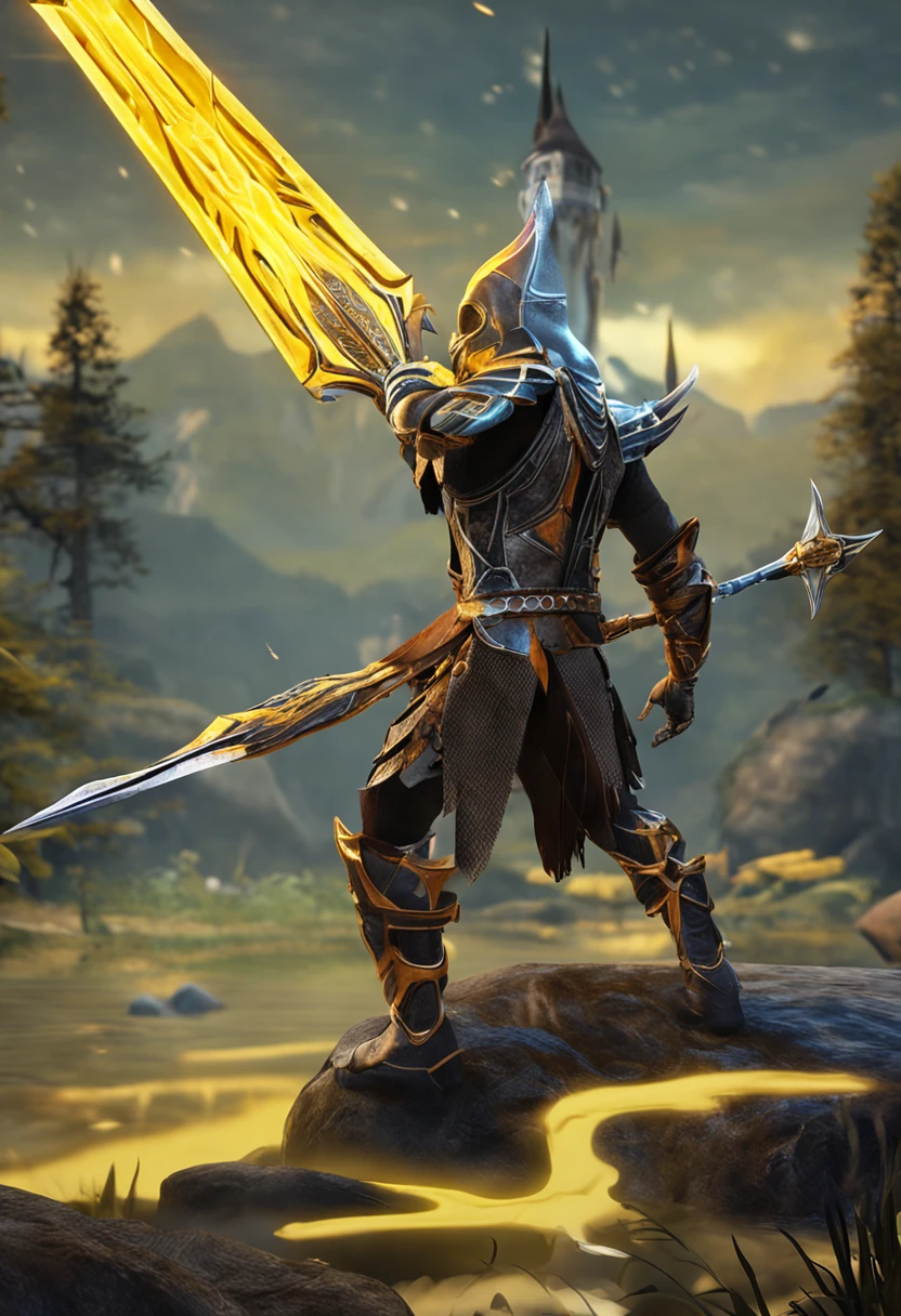 It has a spear with a yellow and black pattern, Glowing yellow soul blade, Glowing barracuda, The style of the spear blade, raytraced blade, The sword, Shiny Pike, intricate fantasy spear, war blade weapon, medievil spear, Magical barracuda, Realistic Pike