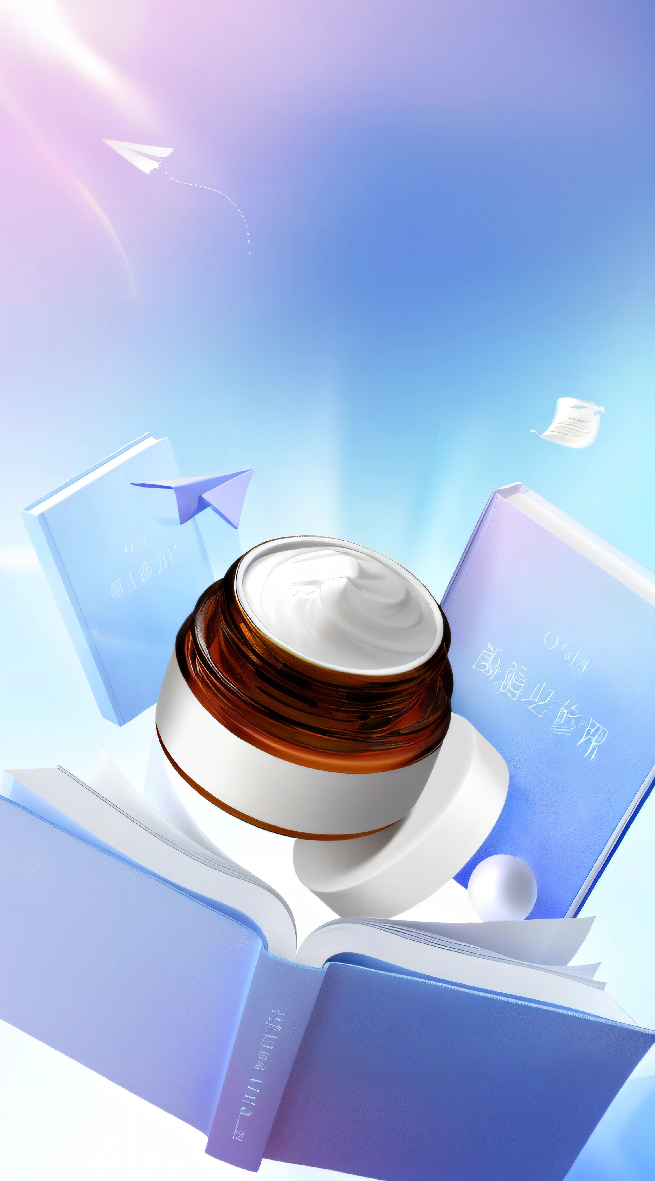Having a book,There is a jar of cream on top, high quality topical render, jia, promotional render, caramel, by Yang J, 3 d white shiny thick, smooth 3d cg render, by Ni Yuanlu, Commercial illustration, photorealistic illustration, 3d product, ProductAdvertisements, 3 d product render, shaxi, Handsome