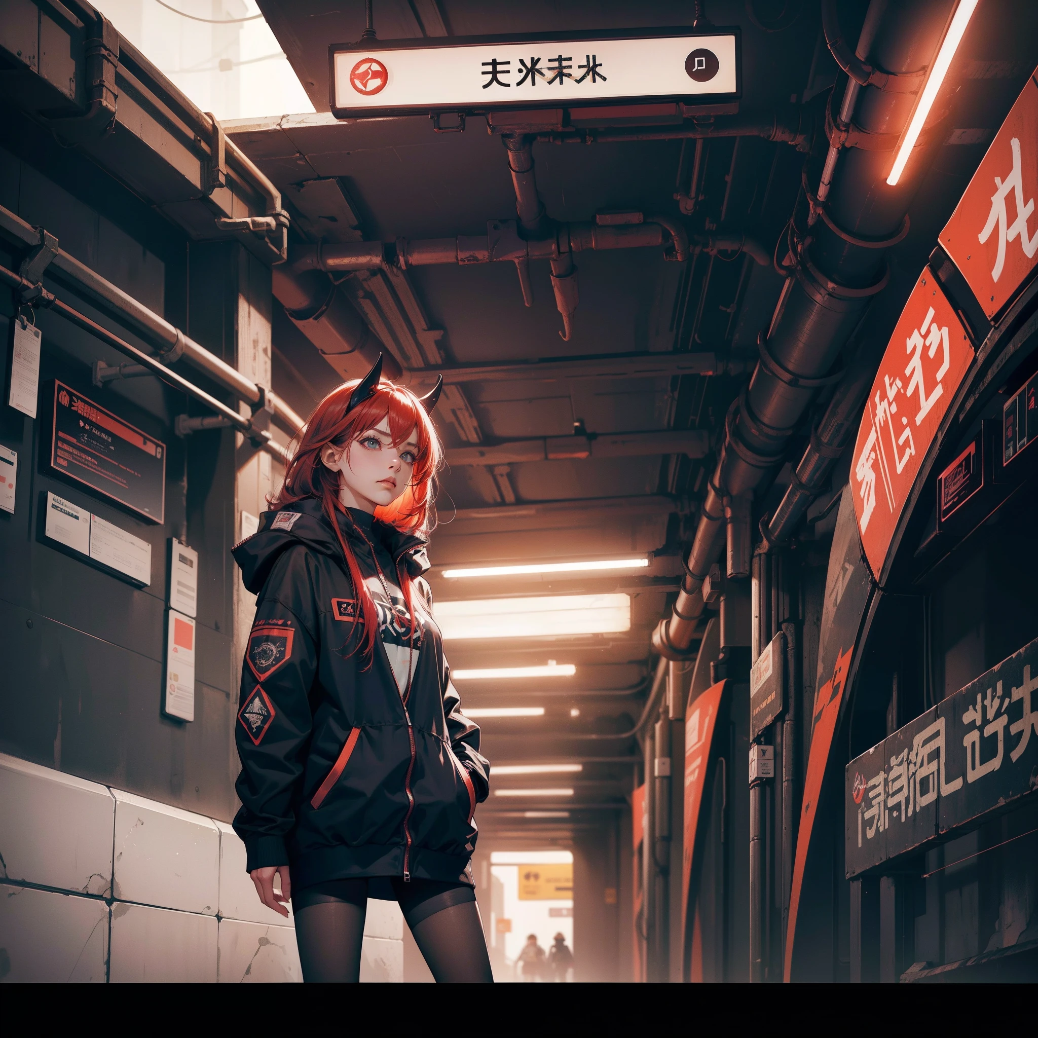 "(cyberpunk station), Beautiful girl in a futuristic subway tunnel, cabelo Rosa, little horns, (moletom cinza curto), (Black pantyhosebloom), cute expression with anger, red hair tie, cabelos absurdamente longos."