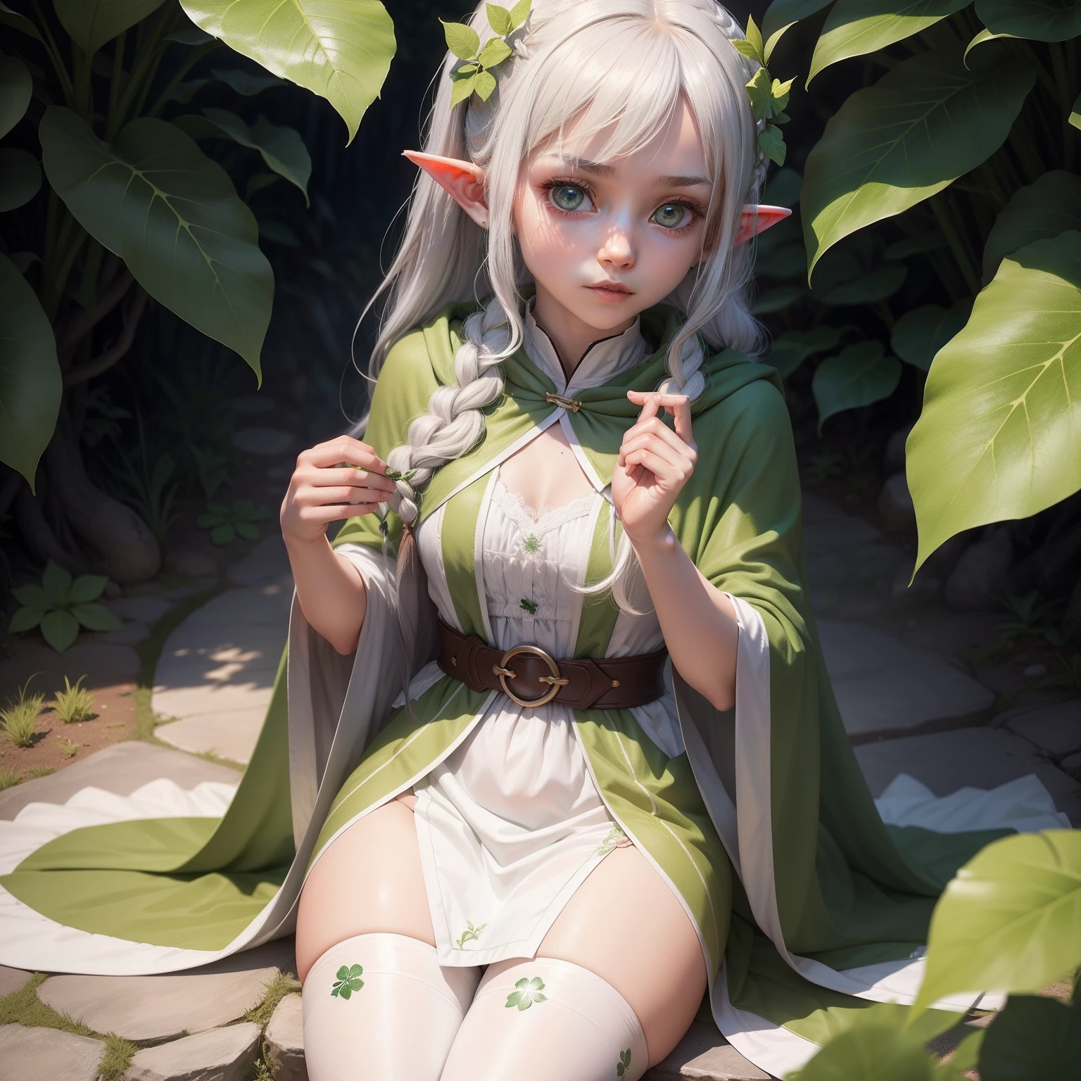The appearance is that of a young girl,Has elven ears。Her long grayish white hair is tied into a side ponytail,The ends have a distinct green gradient,A young leaf grows on the right side of the head,Symbolizes its status as a new god。The bottom layer of the Nasida iris is dark green,The cruciform pupil is light green,The shape is a four-leaf clover,There is a circle of dark green lines around it。Narcida wears a green cloak,and wearing a white bud dress。Wearing white pumpkin pants,The skirt has gold lines on the surface,The inner side is a light green foliar pattern,-faceetite figure,