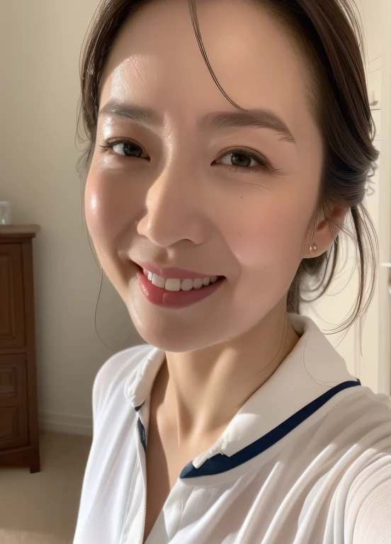 masterpiece,best quality, (mature:1), accurate anatomy, ((close up:1)), ((selfie)), Looking at the Viewer, ((open mouth:0.75)), ((your chin up:1.3)), cross arms, sweaty body:1, wet white shirt, ((seductive expression)), friendly, in room