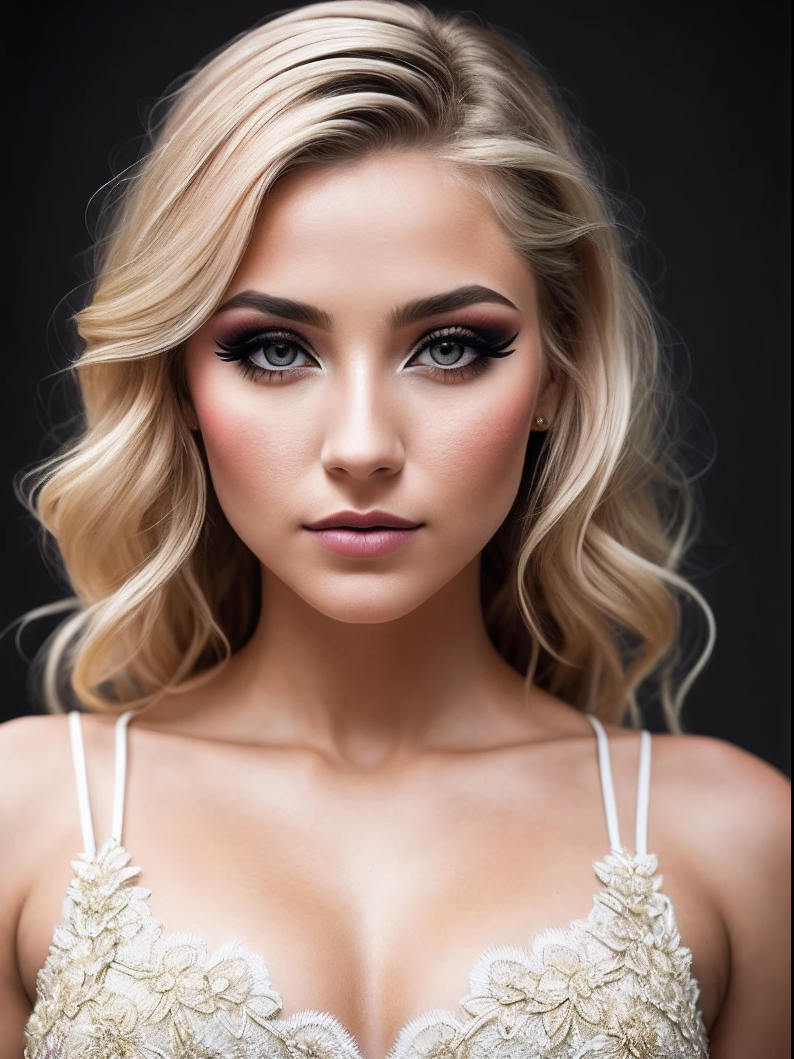 a portrait of a blonde, (makeup:1.4), amazing body, (fit body:1.2), lace outfit, highly detailed hair, natural skin texture, 4k textures, detailed belly, highly detailed perfect smooth skin, lightroom, intricate, ultra-realistic, outside, (hdr:1.3), uhd, (intricate details, hyperdetailed:1.1), cinematic, photo-real, (dark shot:1.2), dramatic, high contrast, (warm colors:1.1), muted colors, masterpiece, elegant, sharp focus, woman looking up at camera